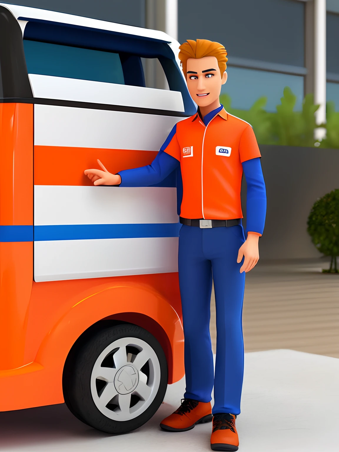 "Design of a logo for the company Rapidão Gás, with the 3D animation style. The main character is a 50-year-old man, com cabelos brancos. He's wearing an orange long-sleeved shirt, blue pants and black boots. The scene depicts the man pushing a cart that contains 3 cylinders of LPG. It is important that the logo conveys the idea of fast and efficient delivery. Feel free to exercise your creativity in creating the logo."