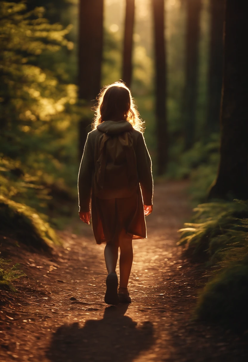  girl walking alone on a path in a dense forest through a mountainside at sunset、shot from front、