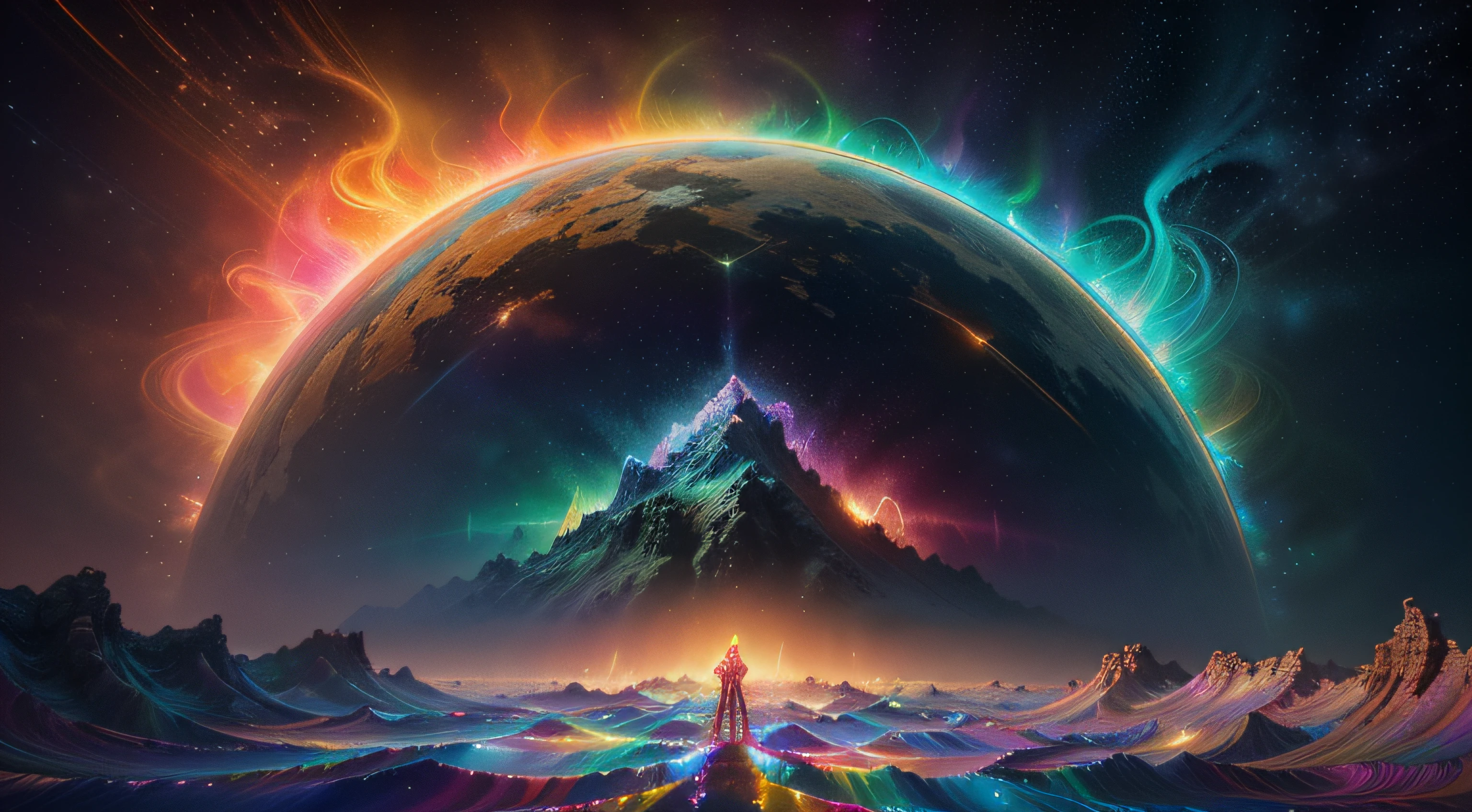 Setting in a golden cave, precious gems and crystals forming out the ground forming spikes in bright neon colorful colors, Digital illustration, Blurred and dreamlike illustration, Amédée Ozenfant, dreamlike illustration, in astral universe)) ), colorful universe surreal ethereal, in cosmic realm, in surreal dreamy landscape, light shadows, waves, multiple layers, Foreground, vista, fractal thunder Dan Mumford, Dan Mumford and Alex Gray style, psychedelic surreal art, surreal psychedelic design, fantasy art style, illusion psychedelic art, infinite psychedelic waves , inspired by Cyril Rolando, real ripple structure, psychedelic art style, psychedelic art, psychedelic illustration -- V6, colorful neon colors.