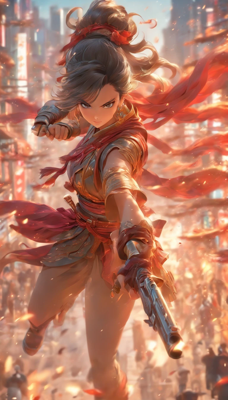中景 the scene is,Estilo de tinta chinesa,Mancha,female general,Wielding an oversized pistol,Escuro,Fluid and chic,armadura antiga,Botas de combate,(Corpo inteiro como:1.5),Avenida Chang'an,ventania,8k,((super-fino)),hyper-realistic,(((Renderizador OC)))
