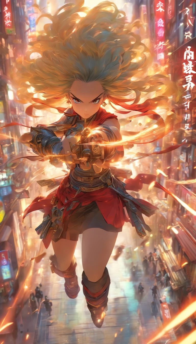 中景 the scene is，Estilo de tinta chinesa，Mancha，female general，Wielding an oversized pistol，Escuro，Fluid and chic，armadura antiga，Botas de combate，（Corpo inteiro como：1.5），Avenida Chang'an，ventania，8k，（（super-fino）），hyper-realistic，（（（Renderizador OC）））