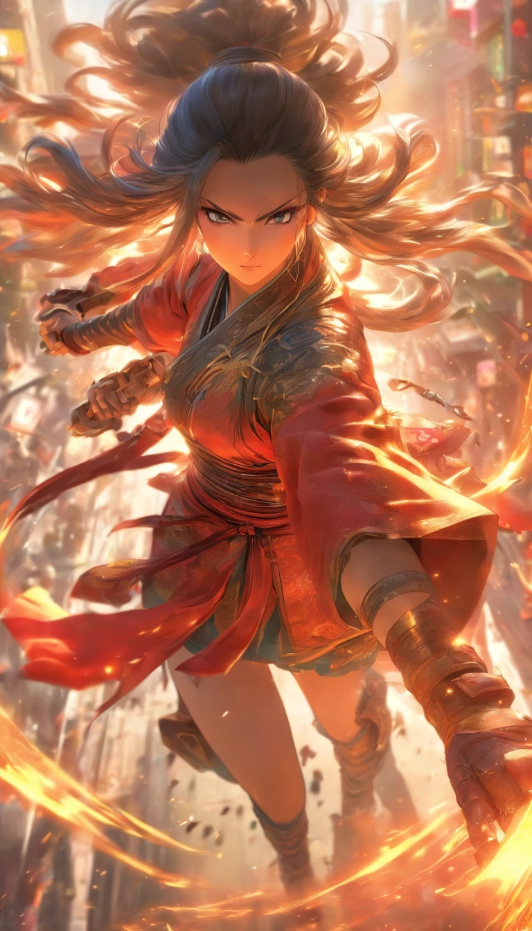 中景 the scene is，Estilo de tinta chinesa，Mancha，female general，Wielding an oversized pistol，Escuro，Fluid and chic，armadura antiga，Botas de combate，（Corpo inteiro como：1.5），Avenida Chang'an，ventania，8k，（（super-fino）），hyper-realistic，（（（Renderizador OC）））