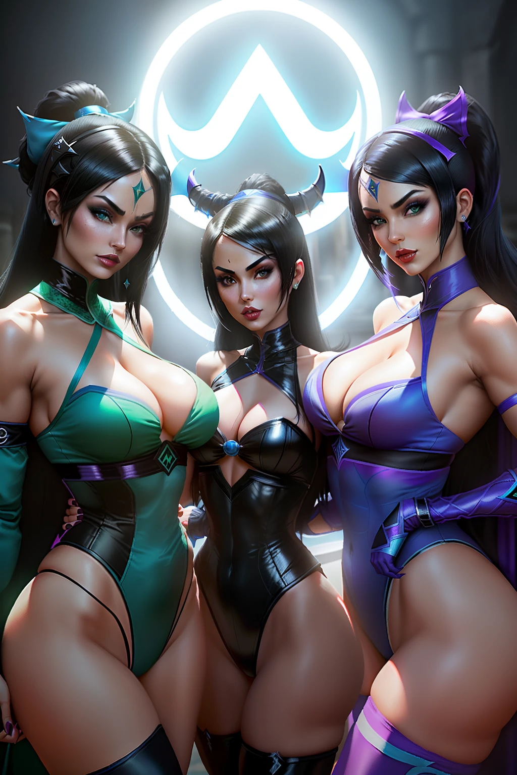 ((Kitana, mileena and jade from mortal kombat series))(big glowing eyes)(red lips) (long straight black hair)((very huge breasts)) (perfect slim body) (kitana wears blue outfit, mileena wears purple outfit, jade wears green outfit, long gloves, long stocking), (face mask)(inside dark temple) (posing sexy back to back)(high definition, volumetric lights and dinamic shadows)((masterpiece))(8k)(perfect face)(ultra details) (perfect hands, eyes, and face)