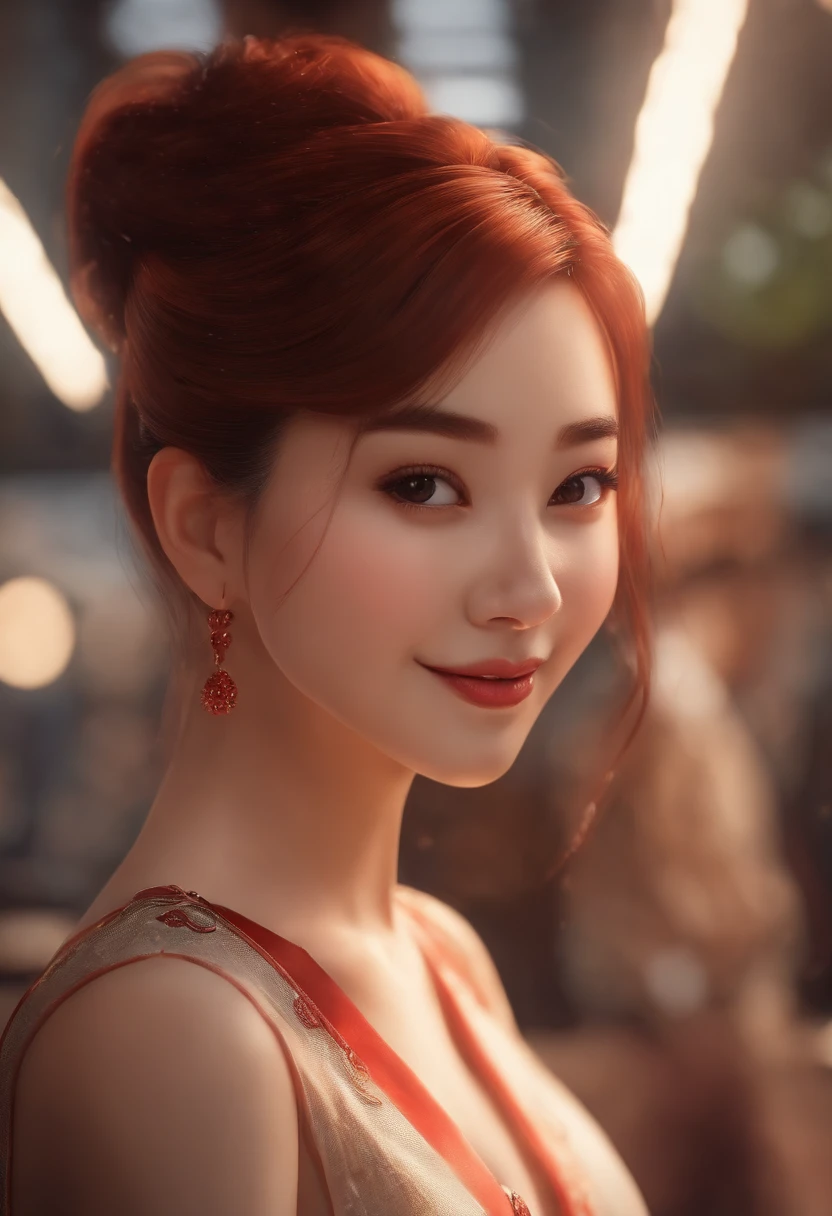 (Best quality,4K,high resolution), The cute illustrations are delicately expressed in realistic details，The girl works energetically，sharp eye，cheerful grin，brunette color hair，Red hair combed into a high bun，Chinese hair，Lively and interesting appearance，comic strip，anime big breast，funny illustration，Be very careful，Sleeveless sexy mini skirt cheongsam，Delicate red décor，Bring Chinese food，chinese restaurant background，Busy