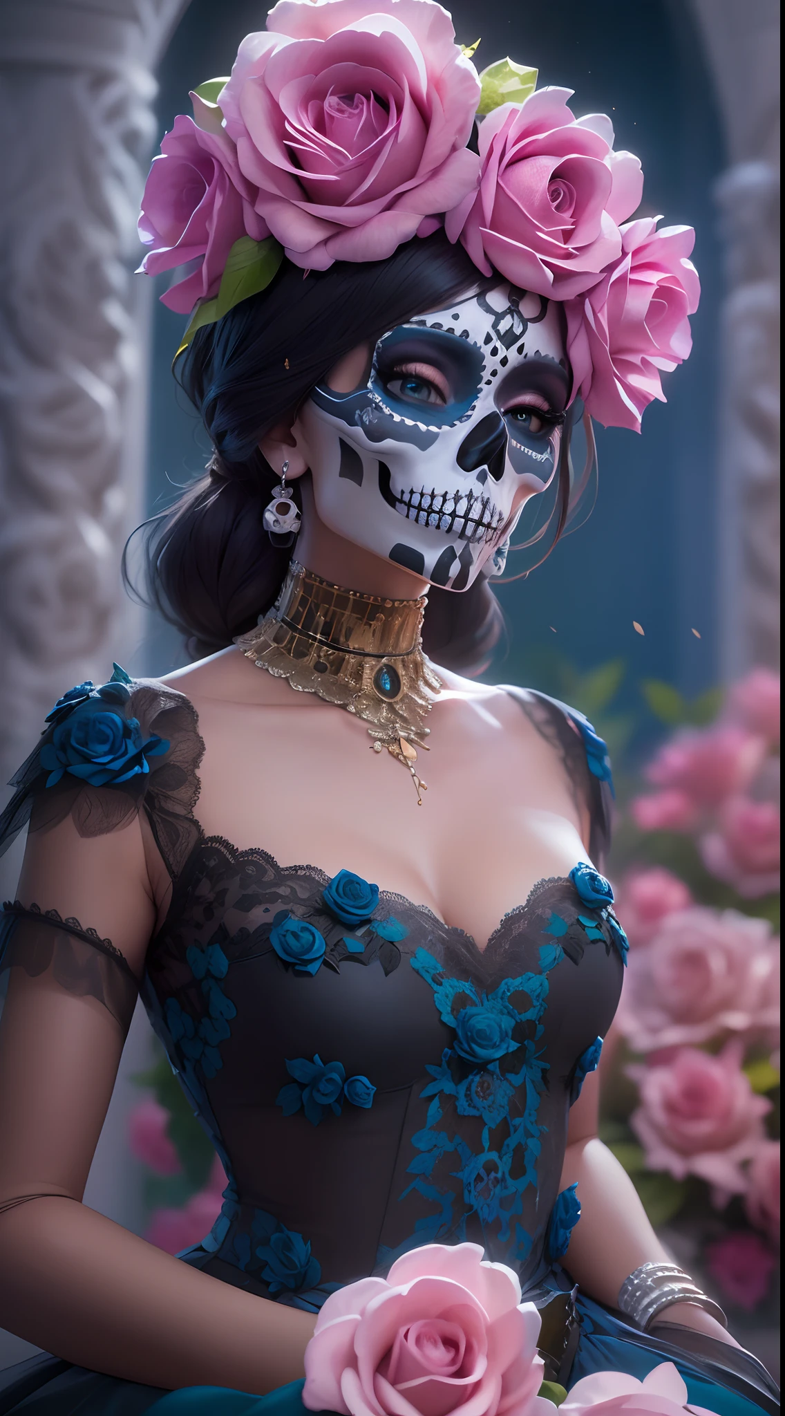 motor irreal:1.4,UHD,La mejor calidad:1.4, fotorrealista:1.4, textura de la piel:1.4, obra maestra:1.8,Beautiful Woman with Pink Day Sugar Skull Death Makeup, lindo,Day of the Dead Mexico,(Skull Cemetery Fund:1.4),( detailed:1.4),( cabello largo azul:1.4),(manos:1.5),(vestido corto negro:1.4), (corona de rosas:1.4),catrina:1.4,8k, 。...............................3D, realista, Ultra Micro Photography, of the highest quality, Super detalle CG Unity 8k,Cara perfecta