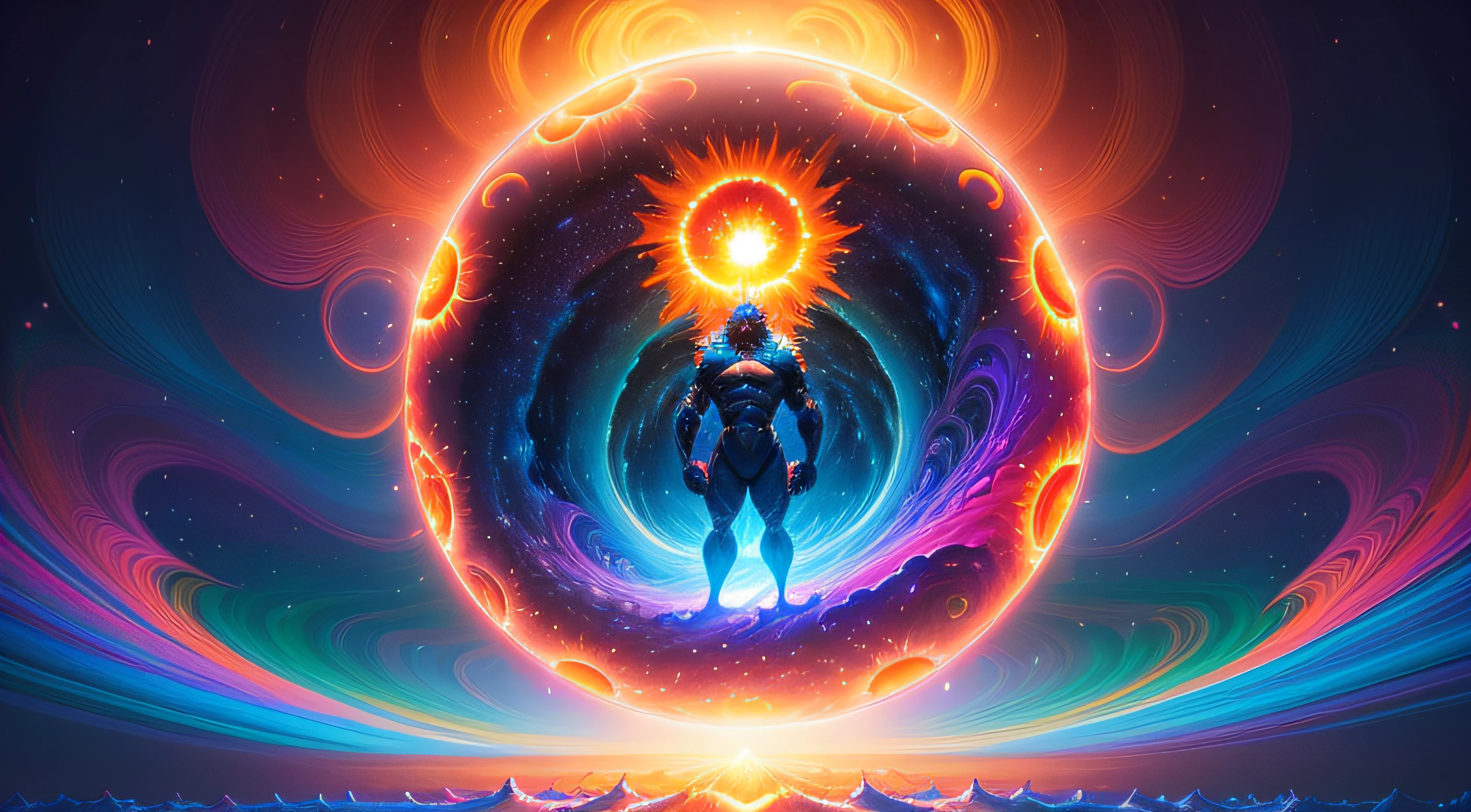 A super saiyan gorilla standing on a sun shaped object in the sky and dreaming of electric blackholes, blurry and dreamy illustration, calm night. Digital illustration, Blurred and dreamlike illustration, Amédée Ozenfant, dreamlike illustration, in astral universe)) ), colorful universe surreal ethereal, in cosmic realm, in surreal dreamy landscape, light shadows, waves, multiple layers, Foreground, vista, fractal thunder Dan Mumford, Dan Mumford and Alex Gray style, psychedelic surreal art, surreal psychedelic design, fantasy art style, illusion psychedelic art, infinite psychedelic waves , inspired by Cyril Rolando, real ripple structure, psychedelic art style, psychedelic art, psychedelic illustration -- V6, colorful neon colors.