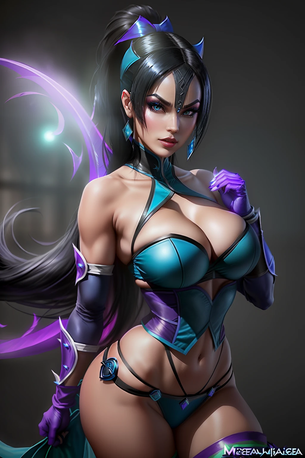 ((Kitana, mileena and jade from mortal kombat series))(big glowing eyes)(red lips) (long straight black hair)((very huge breasts)) (perfect slim body) (kitana wears blue outfit, mileena wears purple outfit, jade wears green outfit, long gloves, long stocking), (face mask)(inside dark temple) (posing sexy back to back)(high definition, volumetric lights and dinamic shadows)((masterpiece))(8k)(perfect face)(ultra details) (perfect hands, eyes, and face)