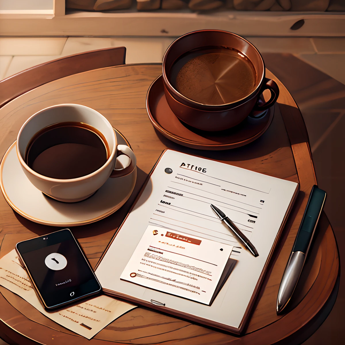 table with coffee, tablet and papers and watch related to time management and productivity.