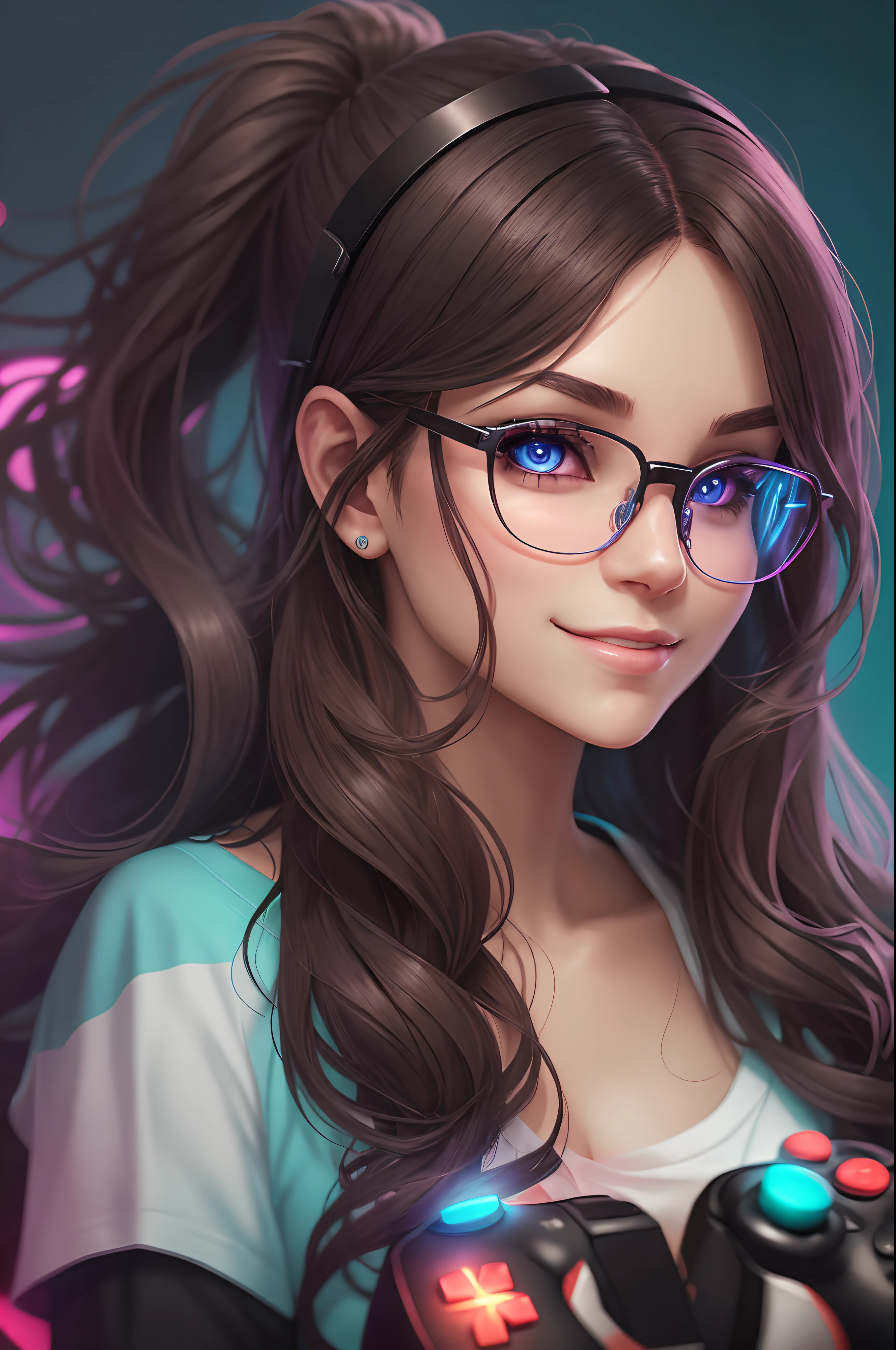 Please create an image of a young woman who is passionate about gaming and exudes irresistible nerd charm. She has long, dark hair, stylish glasses that accentuate her intelligence, and a captivating smile. Her appearance is casual and modern, adorned with a video game-themed t-shirt. She holds a game controller and is fully immersed in an exciting virtual world. Her expression reveals her love for games, and her gaze is directed to the right, as if she's looking at someone special. The backdrop is a vibrant fusion of gaming elements, with pixels and shimmering light effects, creating an exhilarating digital environment --auto --s2