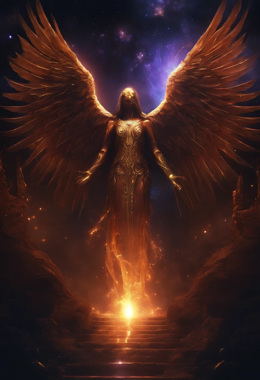 Cosmic Fallen Angel, Glowing light eyes, biomechanical, eldritch, Creepy, nightmarish, Very bright colors, light particles, with luminous light, Mshiff, Wallpaper Art, UHD wallpaper