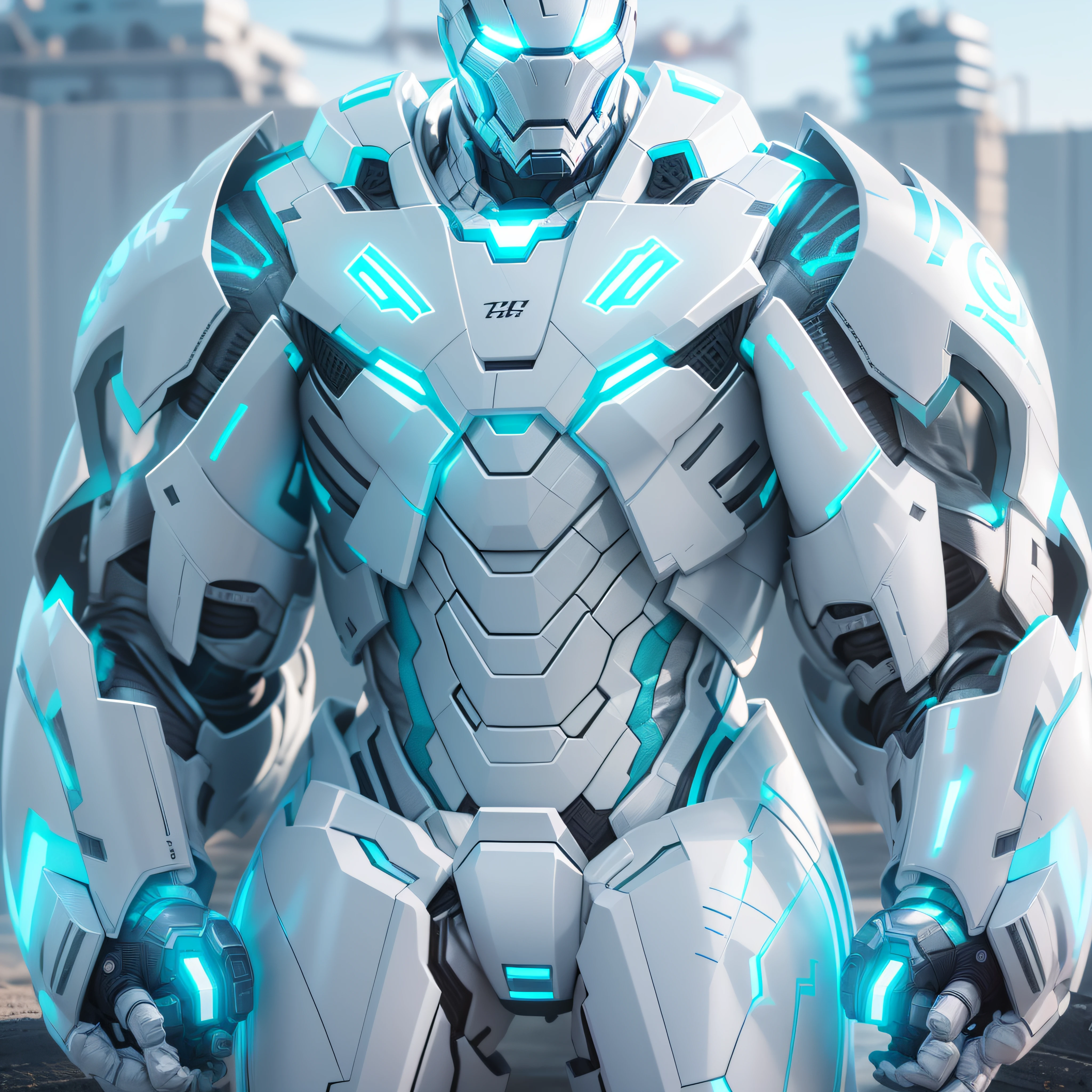 Tony Stark, white armor with tires, light blue neon, armor-like appearance, photo-realistic, octane render, unreal engine, ultra-realistic
