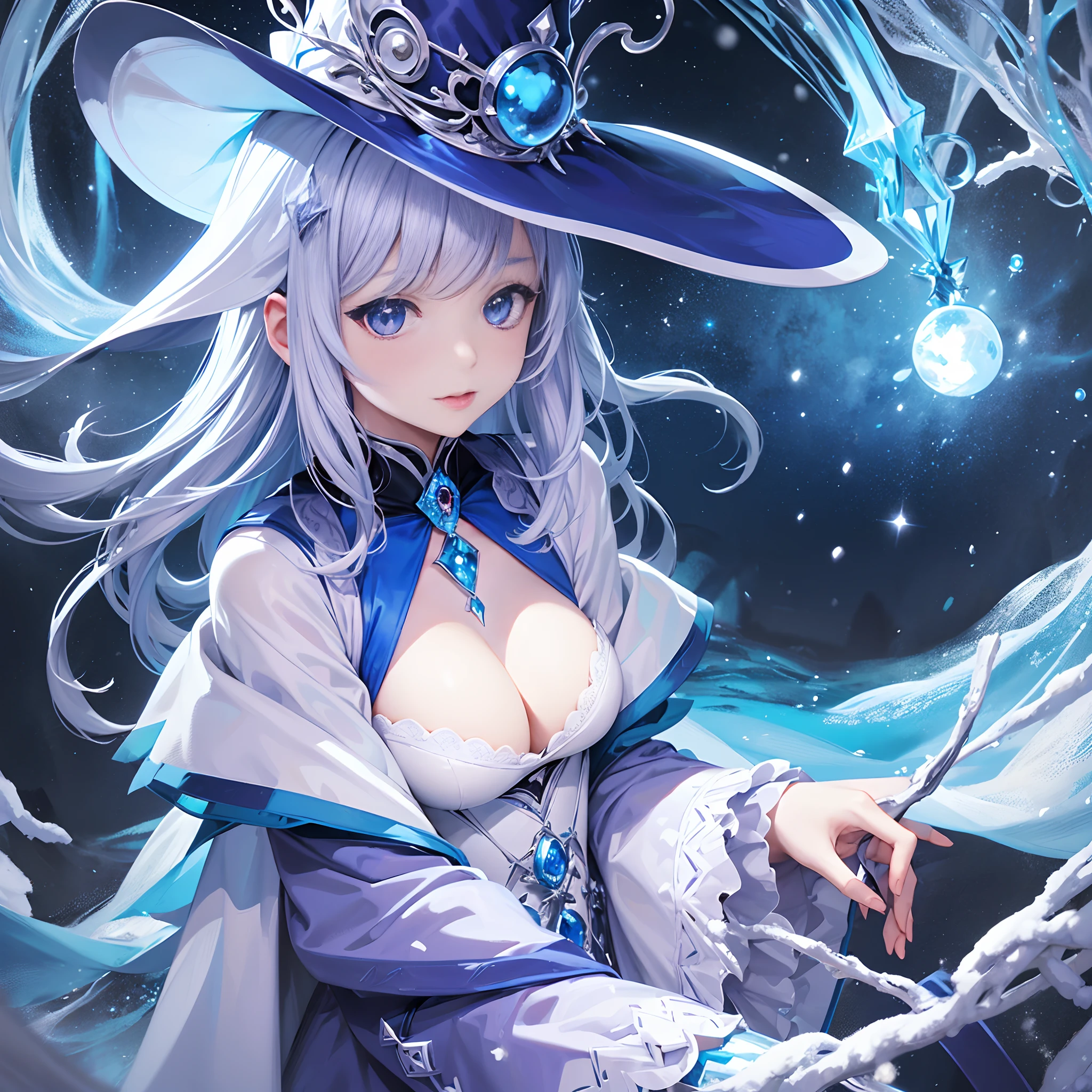 1girl, humanoid witch, blue and white robe, blue and white hat, silver ornaments, magical staff, purple colored right eye, blue colored left eye, snowy forest, fantasy anime style, facial expression