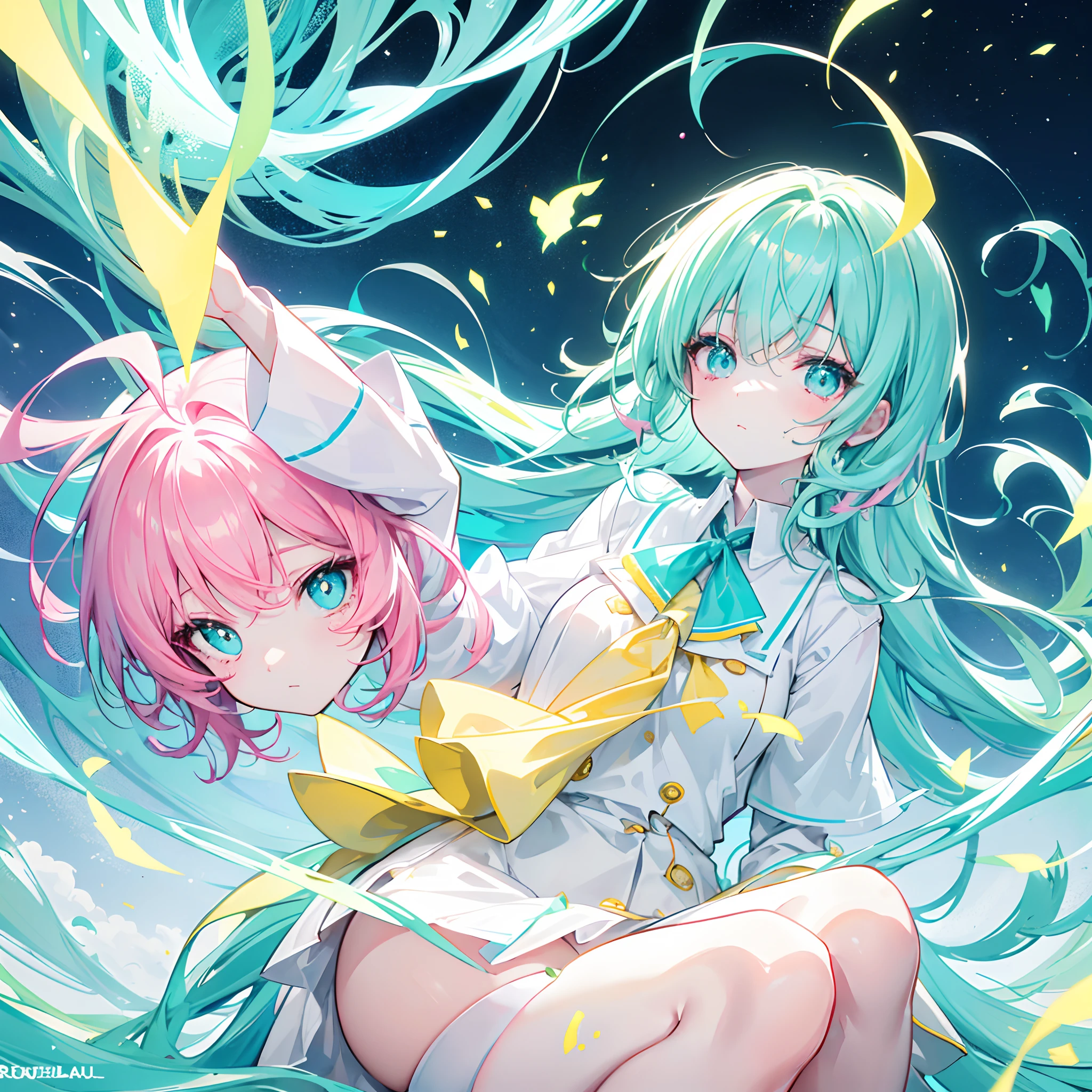The glowing pale turquoise color matching hair and the delicate yellow-green-pink pupils,Glossy,School uniforms in pink, yellow and white,Glowing,Sweet sweet girl girl,The whole is shining,It looks very gentle,The face is moist,Very delicate beauty