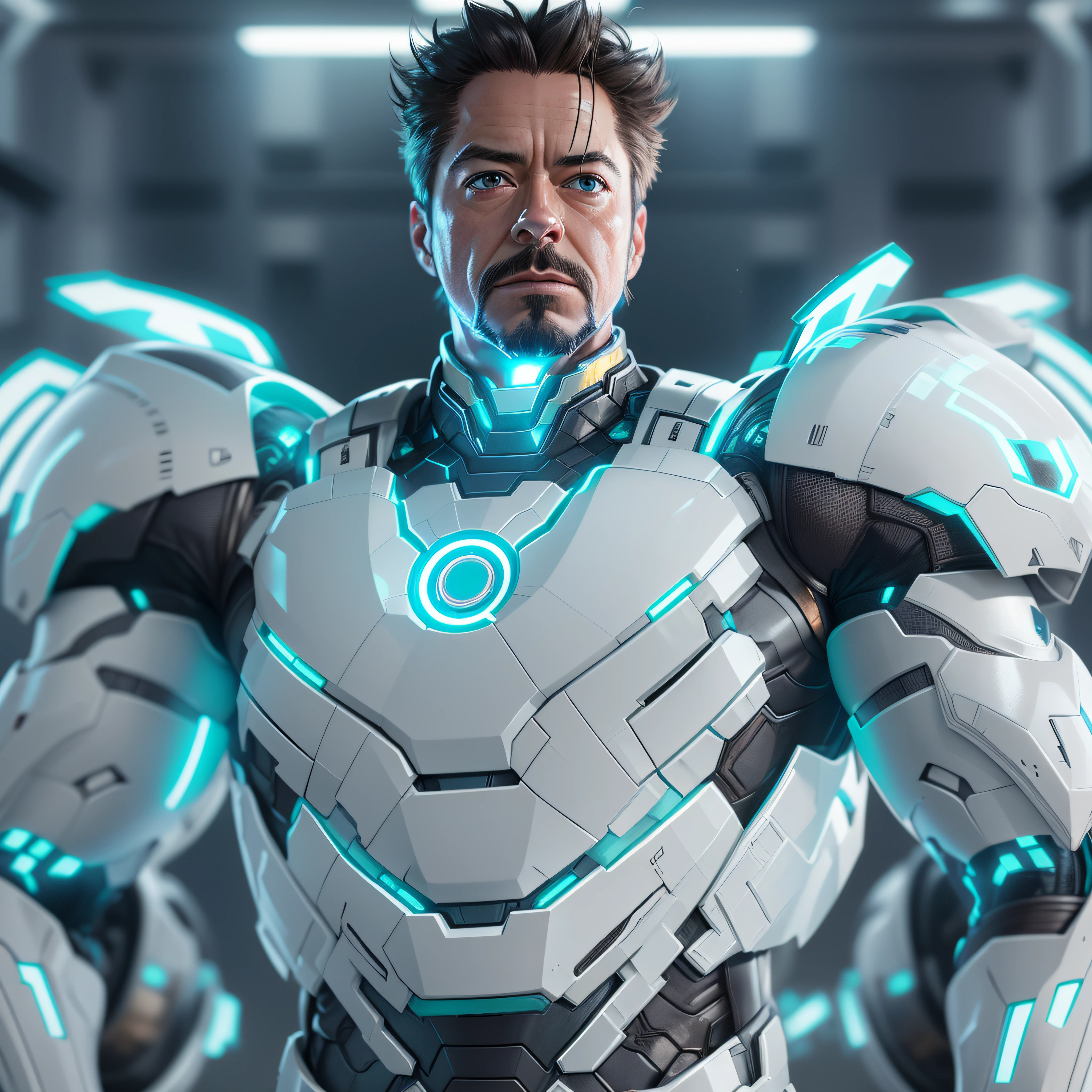 Tony Stark, white armor with tires, light blue neon, armor-like appearance, photo-realistic, octane render, unreal engine, ultra-realistic