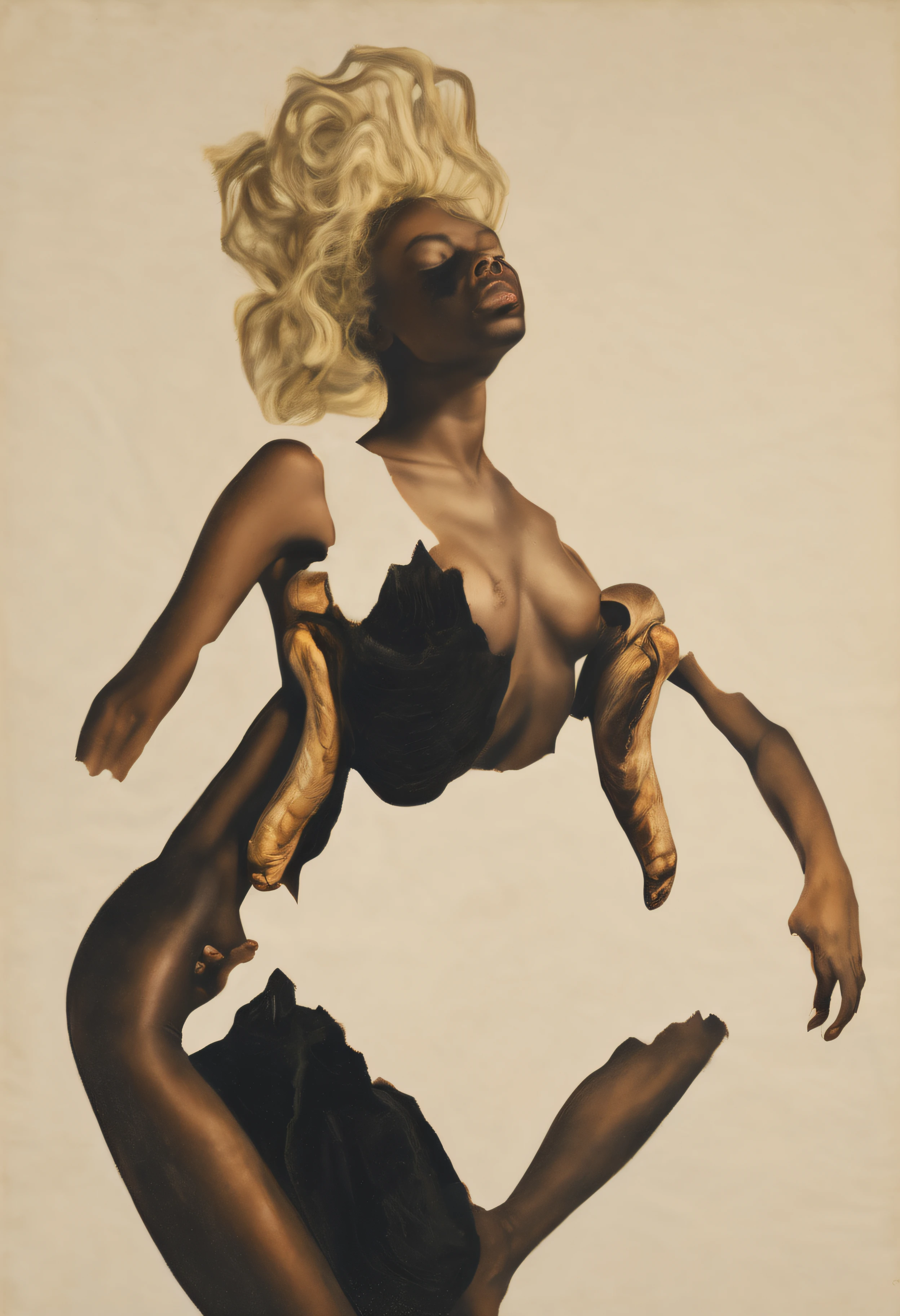"(The best lighting, alto contraste, oscuro, dramatic),(Chica rubia junto a una cabra negra gigante, Open the rib cage, feto, autopsia, huesos humanos, sangre por las paredes). Luz Caravaggio"
