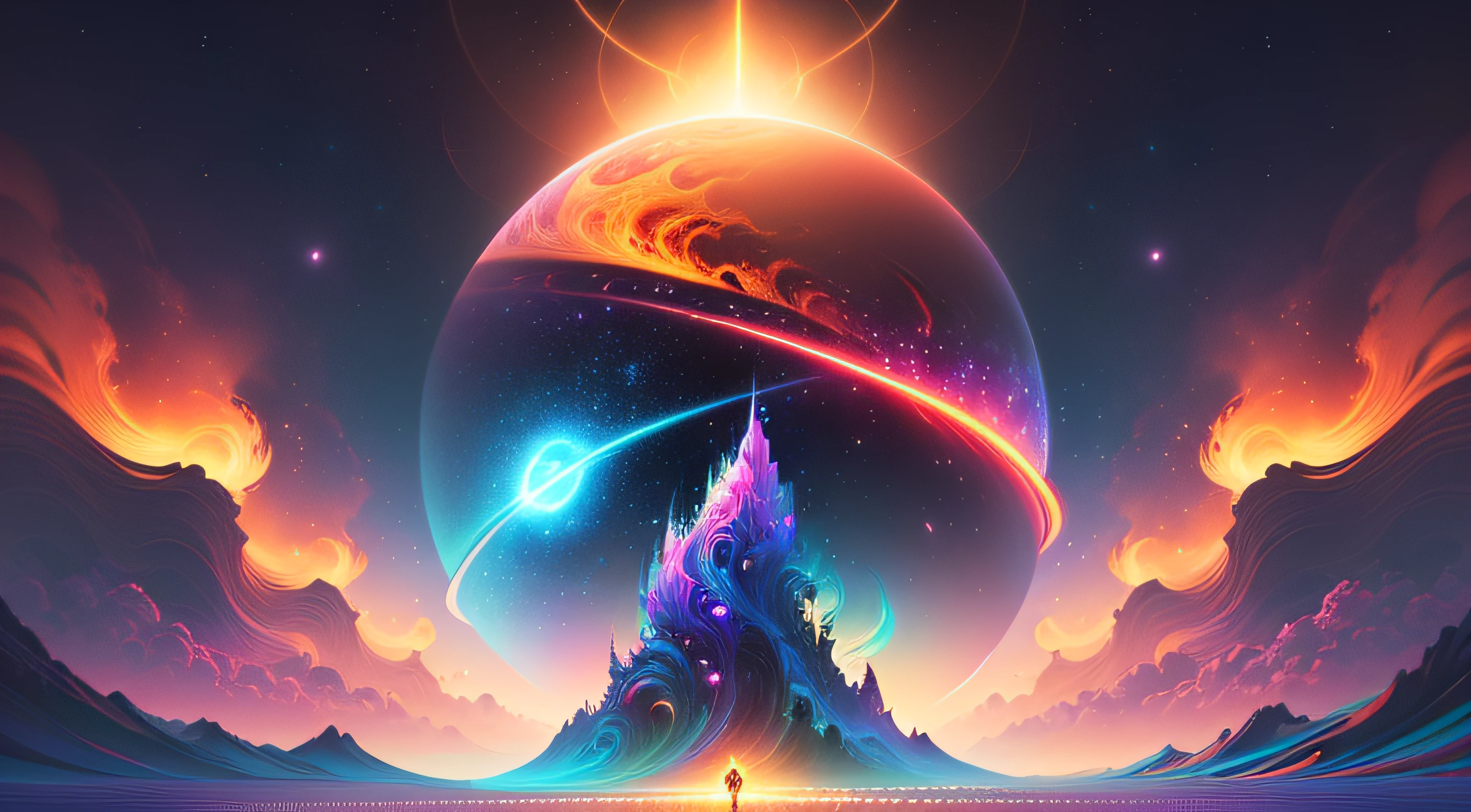 A super saiyan gorilla standing on a sun shaped object in the sky and dreaming of electric blackholes, blurry and dreamy illustration, calm night. Digital illustration, Blurred and dreamlike illustration, Amédée Ozenfant, dreamlike illustration, in astral universe)) ), colorful universe surreal ethereal, in cosmic realm, in surreal dreamy landscape, light shadows, waves, multiple layers, Foreground, vista, fractal thunder Dan Mumford, Dan Mumford and Alex Gray style, psychedelic surreal art, surreal psychedelic design, fantasy art style, illusion psychedelic art, infinite psychedelic waves , inspired by Cyril Rolando, real ripple structure, psychedelic art style, psychedelic art, psychedelic illustration -- V6, colorful neon colors.