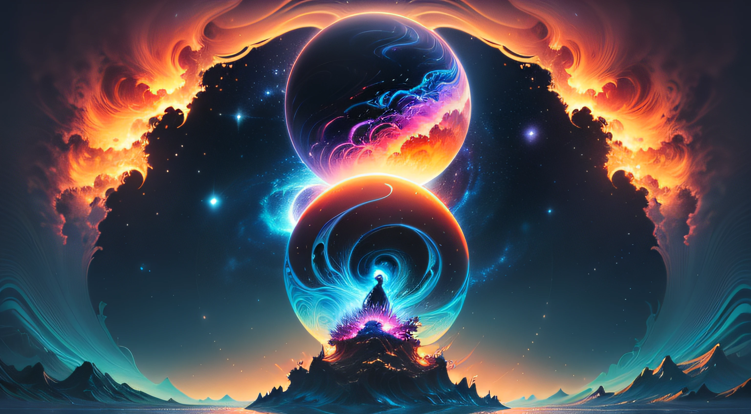 A super saiyan gorilla standing on a sun shaped object in the sky and dreaming of electric blackholes, blurry and dreamy illustration, calm night. Digital illustration, Blurred and dreamlike illustration, Amédée Ozenfant, dreamlike illustration, in astral universe)) ), colorful universe surreal ethereal, in cosmic realm, in surreal dreamy landscape, light shadows, waves, multiple layers, Foreground, vista, fractal thunder Dan Mumford, Dan Mumford and Alex Gray style, psychedelic surreal art, surreal psychedelic design, fantasy art style, illusion psychedelic art, infinite psychedelic waves , inspired by Cyril Rolando, real ripple structure, psychedelic art style, psychedelic art, psychedelic illustration -- V6, colorful neon colors.