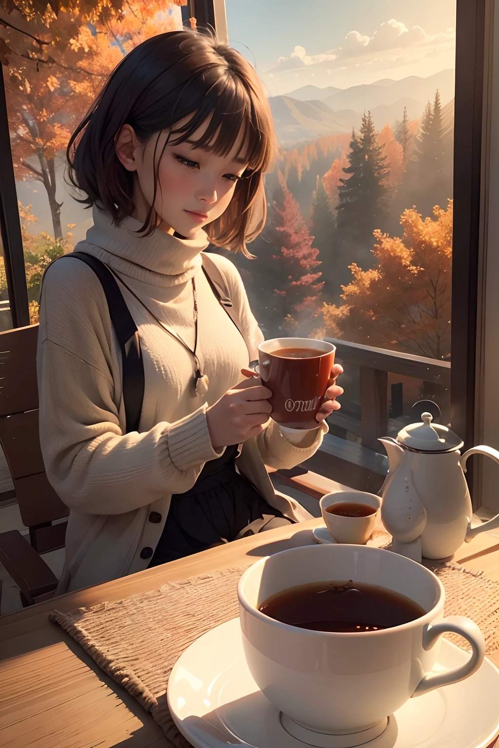 Good morning,1 cup of hot tea,Autumn morning,It was quiet,Beautiful and thought-provoking,Artistic painting,in a panoramic view,Faraway view