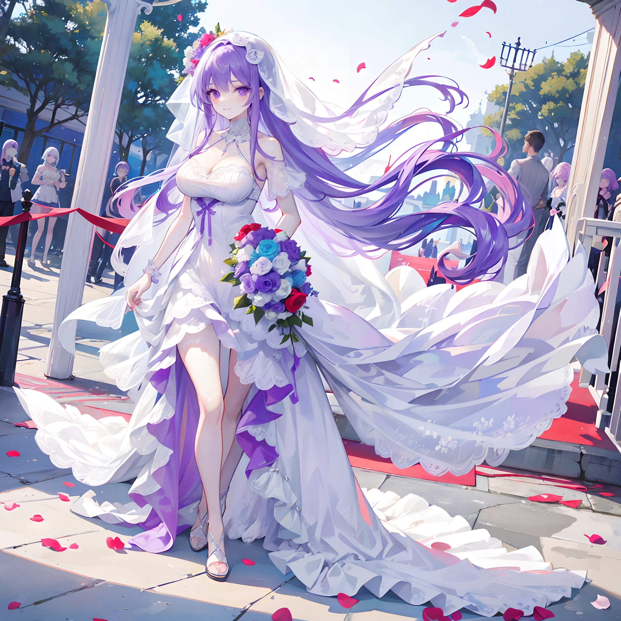 A long pale white-purple hair,Girl with turquoise and purple eyes,in wedding dresses,Walk the red carpet of a seaside wedding,Flowers in hand,A bright smile,Veil,Hair is tered