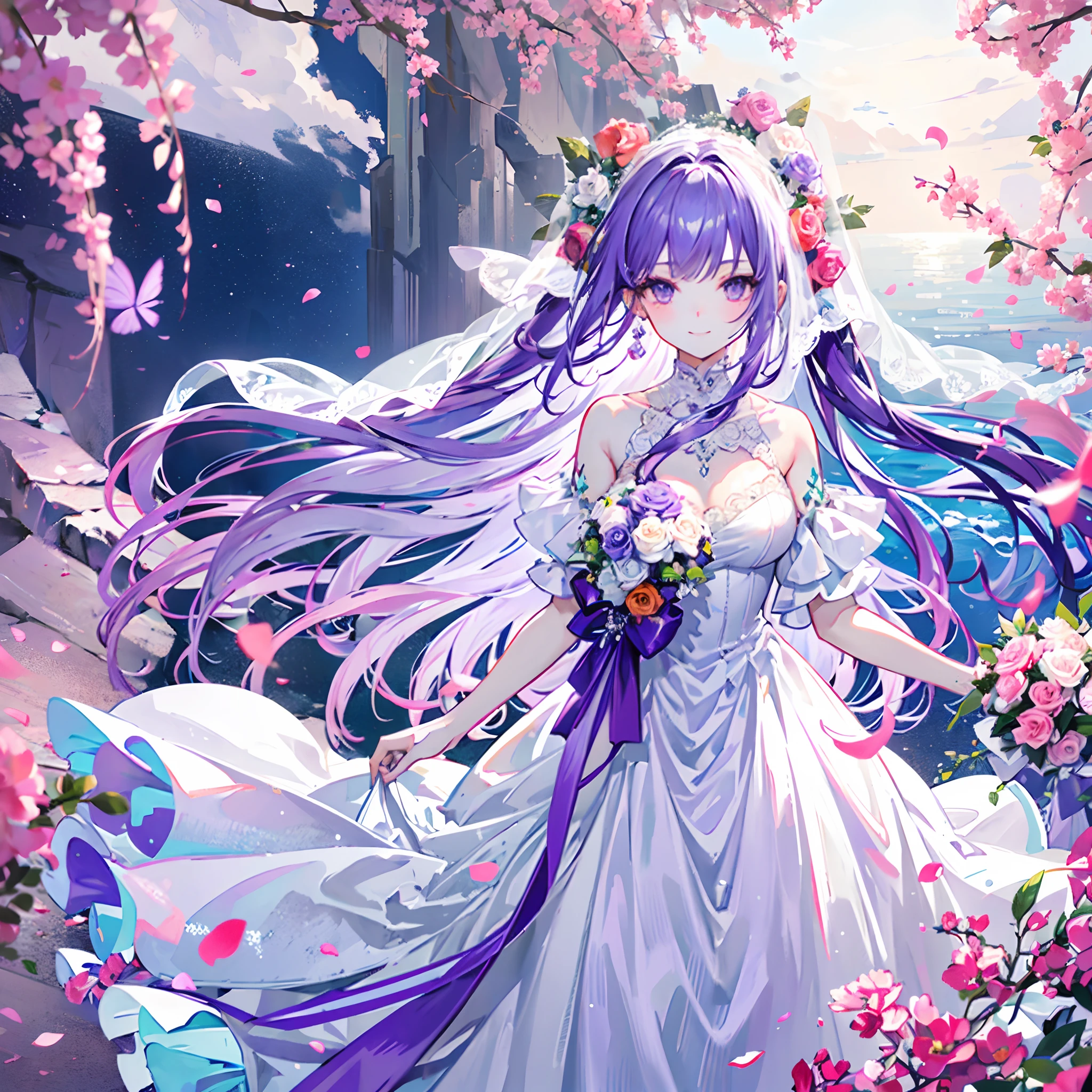 A long pale white-purple hair,Girl with turquoise and purple eyes,in wedding dresses,Walk the red carpet of a seaside wedding,Flowers in hand,A bright smile,Veil,Hair is scattered