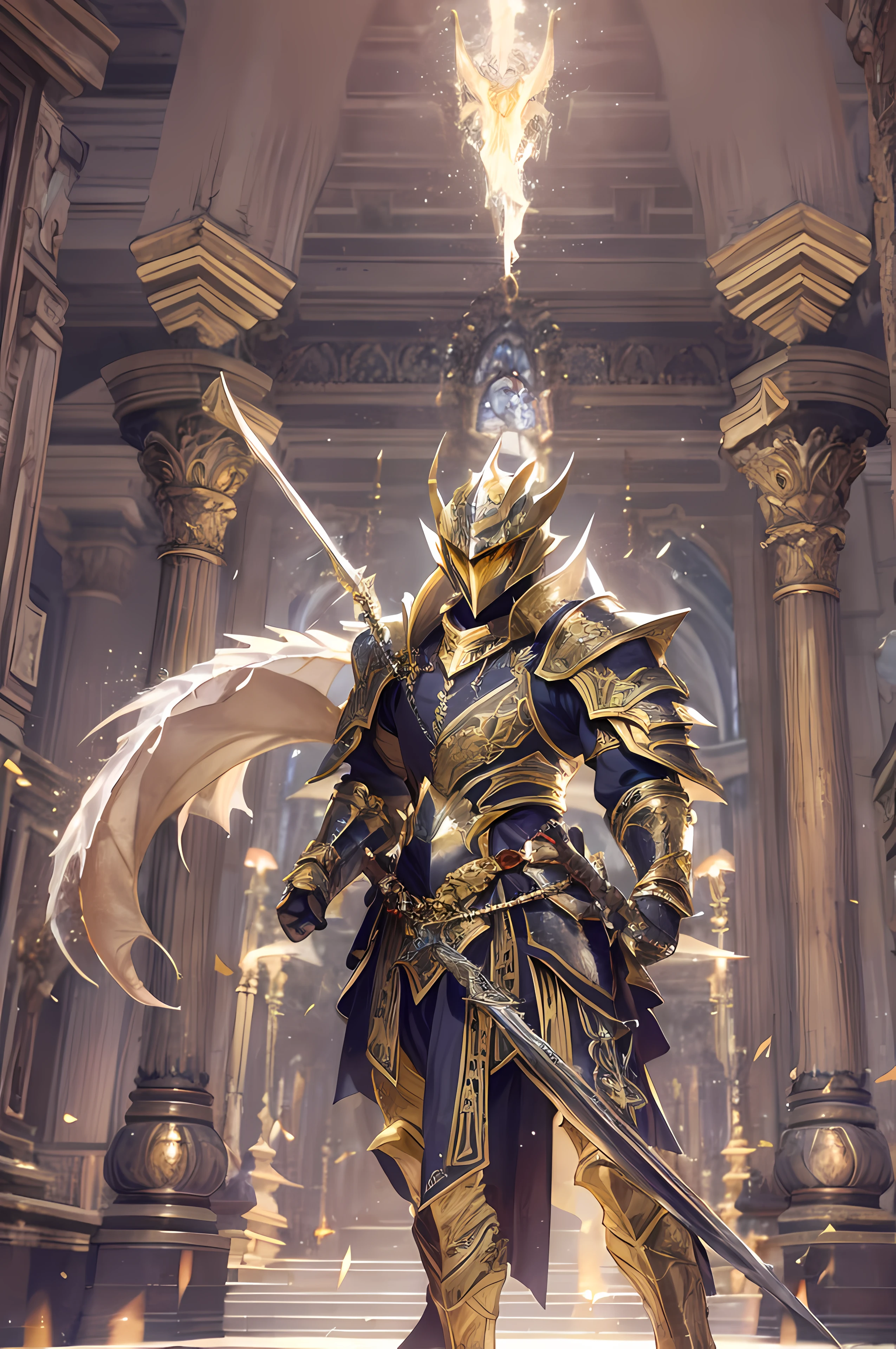 Dragon knight, fine armor, intricate design, golden details, silk, cinematic lighting, 4k, floating hair, sharp, prism, shining knight
