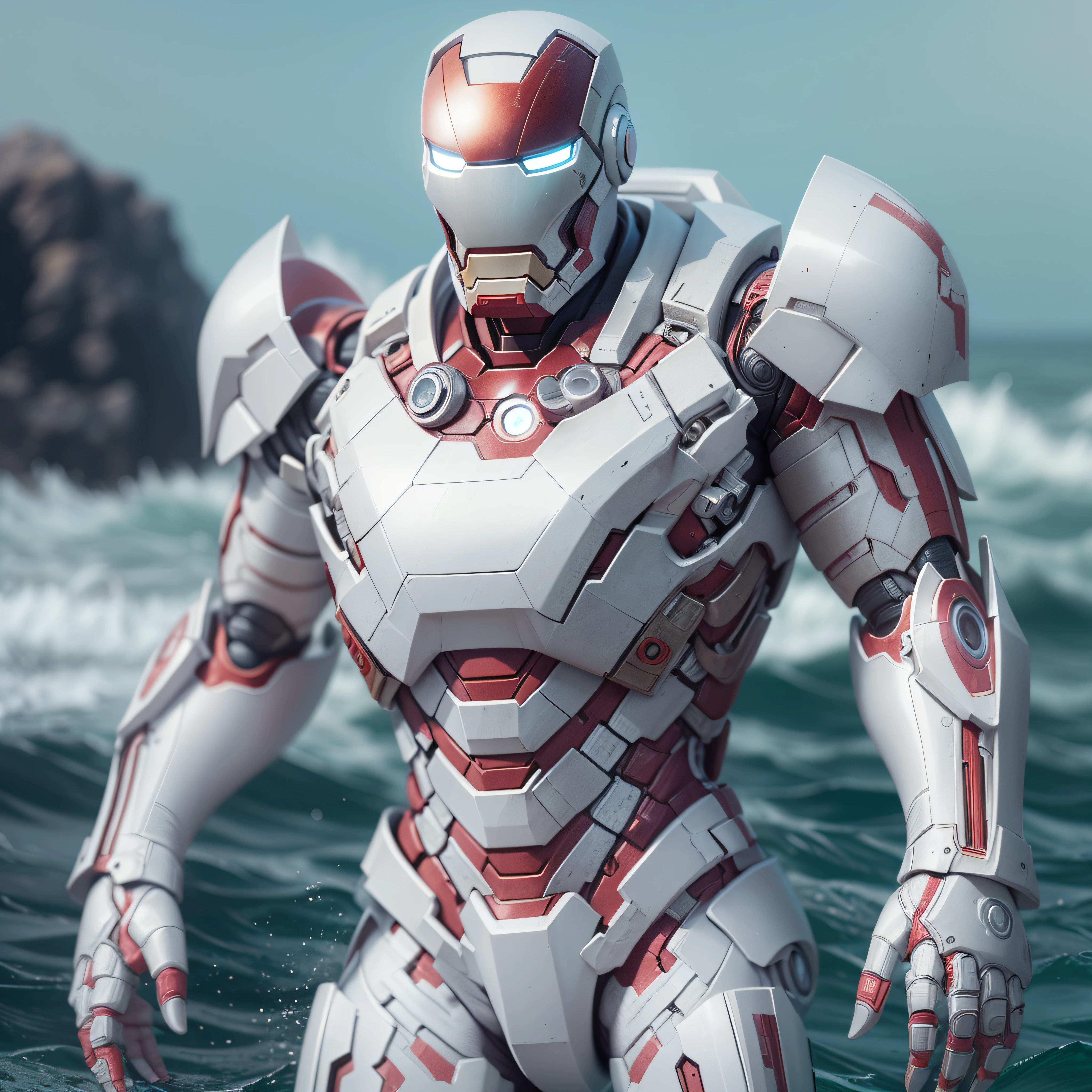 Superior Marvel's Iron Man photography, biomechanical, Complex Robot, Full growth, hyper realistic, Crazy little details, extremely clean lines, Cyberpunk aesthetic, Masterpiece featured at Zbrush Central. His armor is pure white titanium, a futuristic masterpiece of sci-fi, glowing under the soft studio light. The suit's details are meticulously designed, with a level of detail worthy of an ArtStation digital painting. The contrast of the armor with the sea and waves creates a very beautiful and elegant composition. The Nikon Z7 camera model has allowed capturing the minutest details, with its Nikon AF-S NIKKOR 70-200mm f/2.8E FL ED VR lens and configuration of f/4 aperture, 1/60 speed and ISO 200. The dramatic lighting and smooth, sharp focus are testament to the wonders that modern camera technology can achieve. The image has been processed with a –s 6000 rendering, resulting in a visually impressive finish –chaos 60 (aspect ratio 1:1) –w 1920 –h 1920,   photo-realistic, octane render, unreal engine, ultra-realistic
