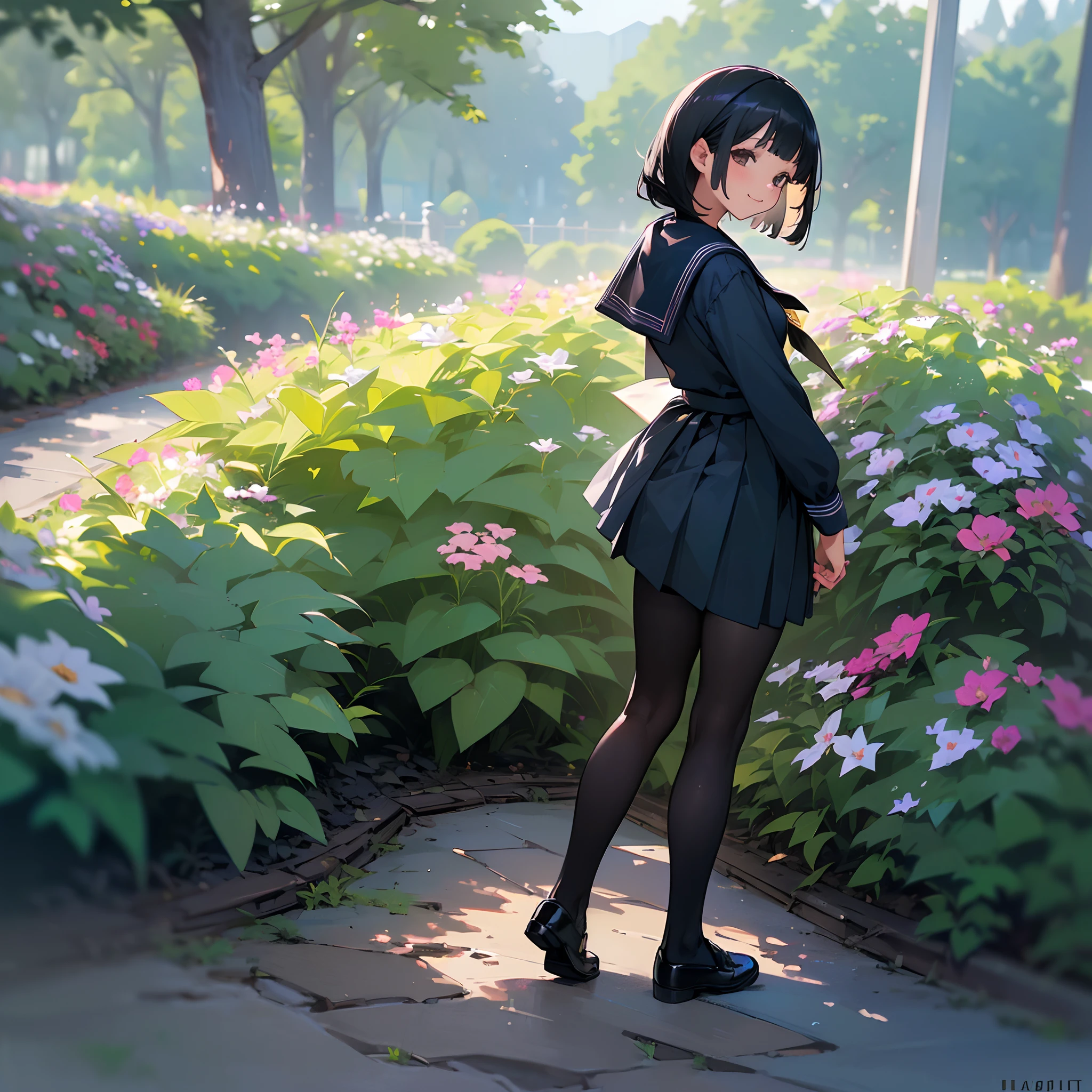 (Best Quality, hight resolution, Ultra-detailed, Realistic:1.37), peaceful ambiance, (plein air, garden), girl standing alone, Beautiful detailed features, Cute smile, ((Black bob hair)),Navy blue sailor suit, Pleated skirt,Black pantyhose,Leather shoes.