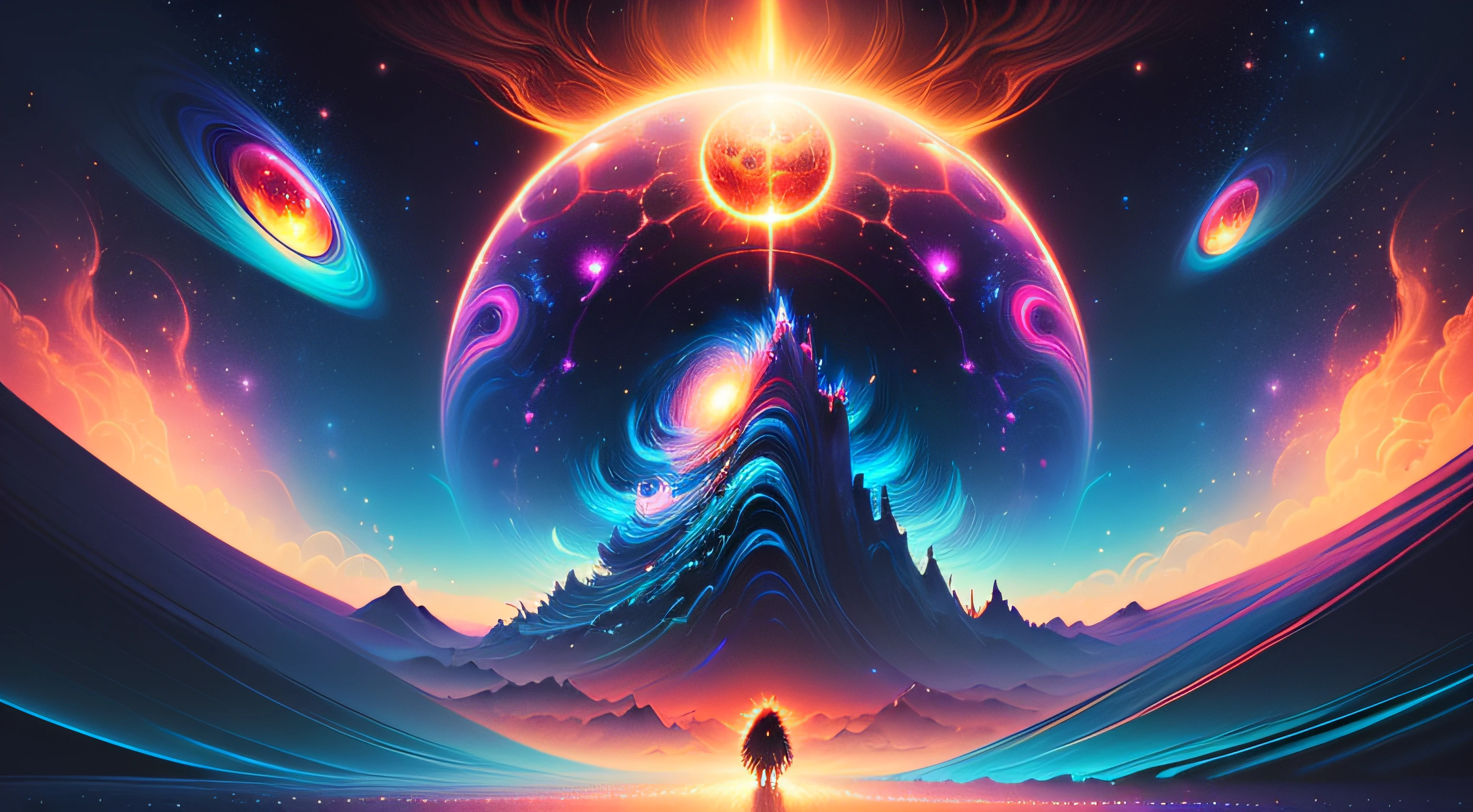 A super saiyan gorilla standing on a sun shaped object in the sky and dreaming of electric blackholes, blurry and dreamy illustration, calm night. Digital illustration, Blurred and dreamlike illustration, Amédée Ozenfant, dreamlike illustration, in astral universe)) ), colorful universe surreal ethereal, in cosmic realm, in surreal dreamy landscape, light shadows, waves, multiple layers, Foreground, vista, fractal thunder Dan Mumford, Dan Mumford and Alex Gray style, psychedelic surreal art, surreal psychedelic design, fantasy art style, illusion psychedelic art, infinite psychedelic waves , inspired by Cyril Rolando, real ripple structure, psychedelic art style, psychedelic art, psychedelic illustration -- V6, colorful neon colors.