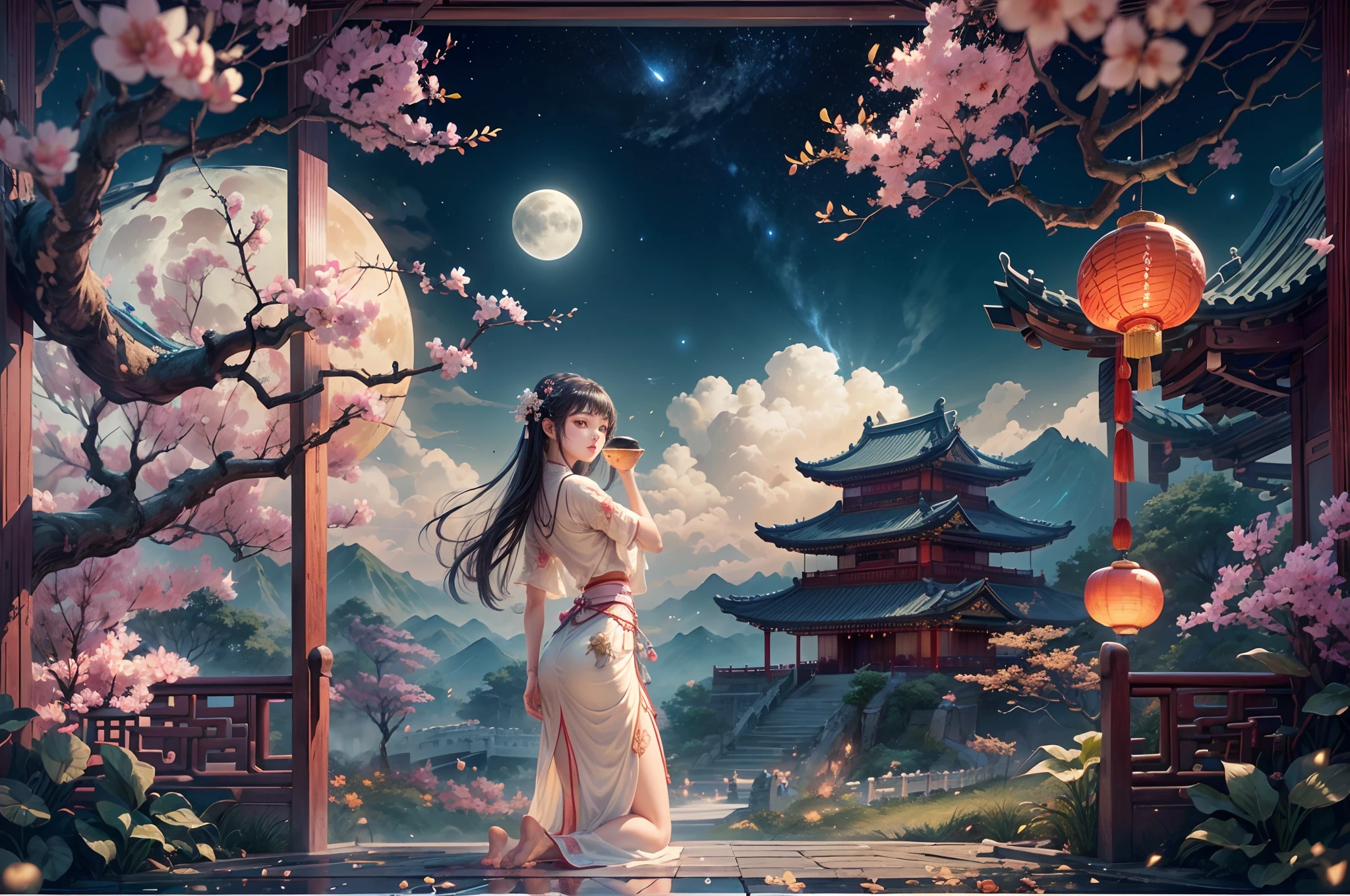 ((Ancient Chinese scenes，in a panoramic view，Faraway view))，Mid-Autumn Festival，moon full，Glowing moon，A garden overgrown with osmanthus and bamboo forests，1 Girl kneeling on the ground，Holding a shot glass in his hand，Look up at the moon，There was wine on a table in front of him、Tea and mooncakes，nigh sky，Clouds，starlights，blue backdrop，palaces，Moon，(A complete painting），（Extremely detailed picture），（light and shadow effect），（Movie lighting），（cinema4d），（Light particle tracing），（rendering by octane），（Layered artistic effects），（Best Painting），（Master painting）,(8K分辨率)，(photorealestic，realisticlying，tmasterpiece，anatomy correct，Accurate and perfect Korean girl face，1.4x realism，hyper HD)，（The is very detailed，Reasonable design，Clear lines，High- sharpness，best qualtiy，offcial art）