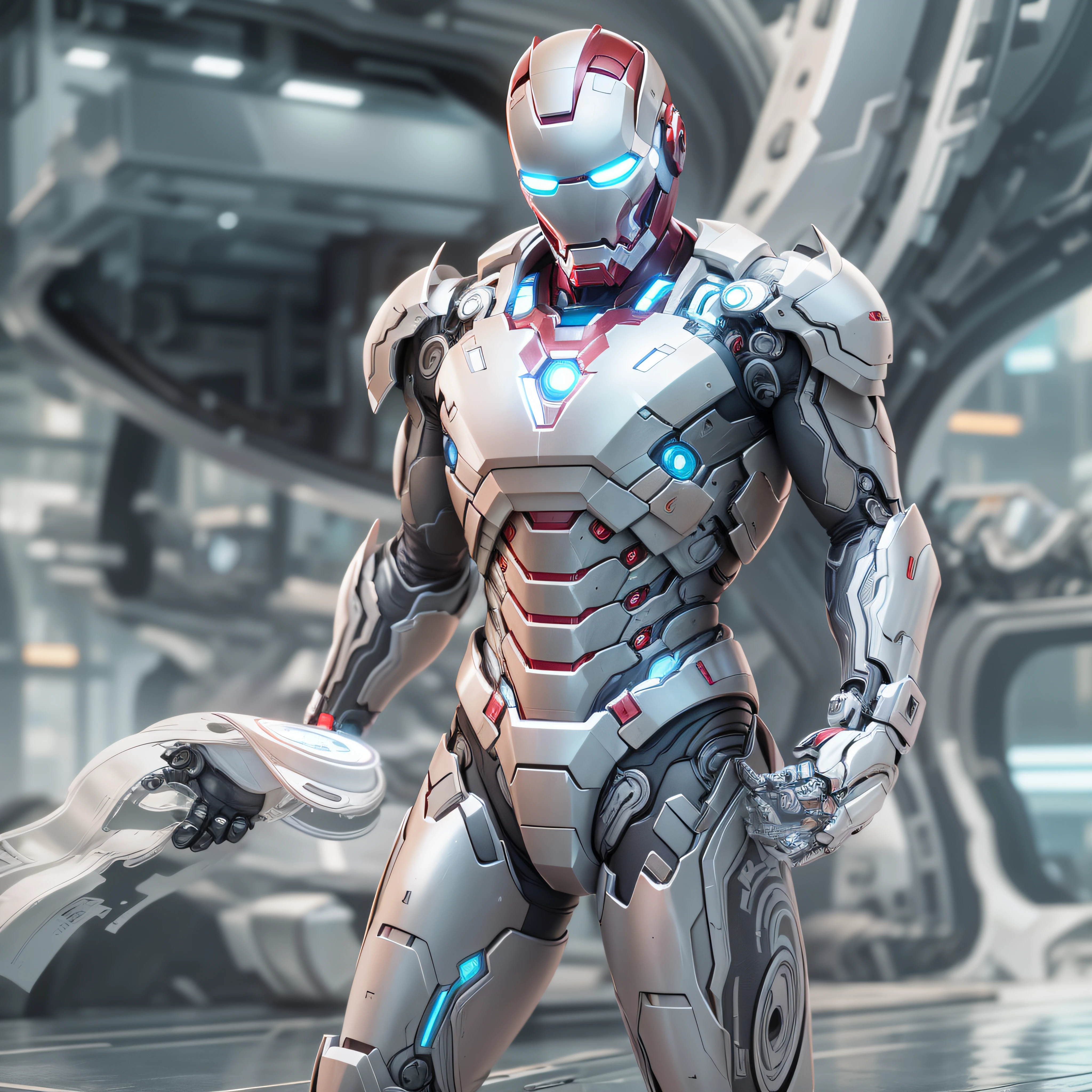 Superior Marvel's Iron Man photography, biomechanical, Complex Robot, Full growth, hyper realistic, Crazy little details, extremely clean lines, Cyberpunk aesthetic, Masterpiece featured at Zbrush Central. His armor is pure white titanium, a futuristic masterpiece of sci-fi, glowing under the soft studio light. The suit's details are meticulously designed, with a level of detail worthy of an ArtStation digital painting. The contrast of the armor with the sea and waves creates a very beautiful and elegant composition. The Nikon Z7 camera model has allowed capturing the minutest details, with its Nikon AF-S NIKKOR 70-200mm f/2.8E FL ED VR lens and configuration of f/4 aperture, 1/60 speed and ISO 200. The dramatic lighting and smooth, sharp focus are testament to the wonders that modern camera technology can achieve. The image has been processed with a –s 6000 rendering, resulting in a visually impressive finish –chaos 60 (aspect ratio 1:1) –w 1920 –h 1920, photo-realistic, octane render, unreal engine, ultra-realistic