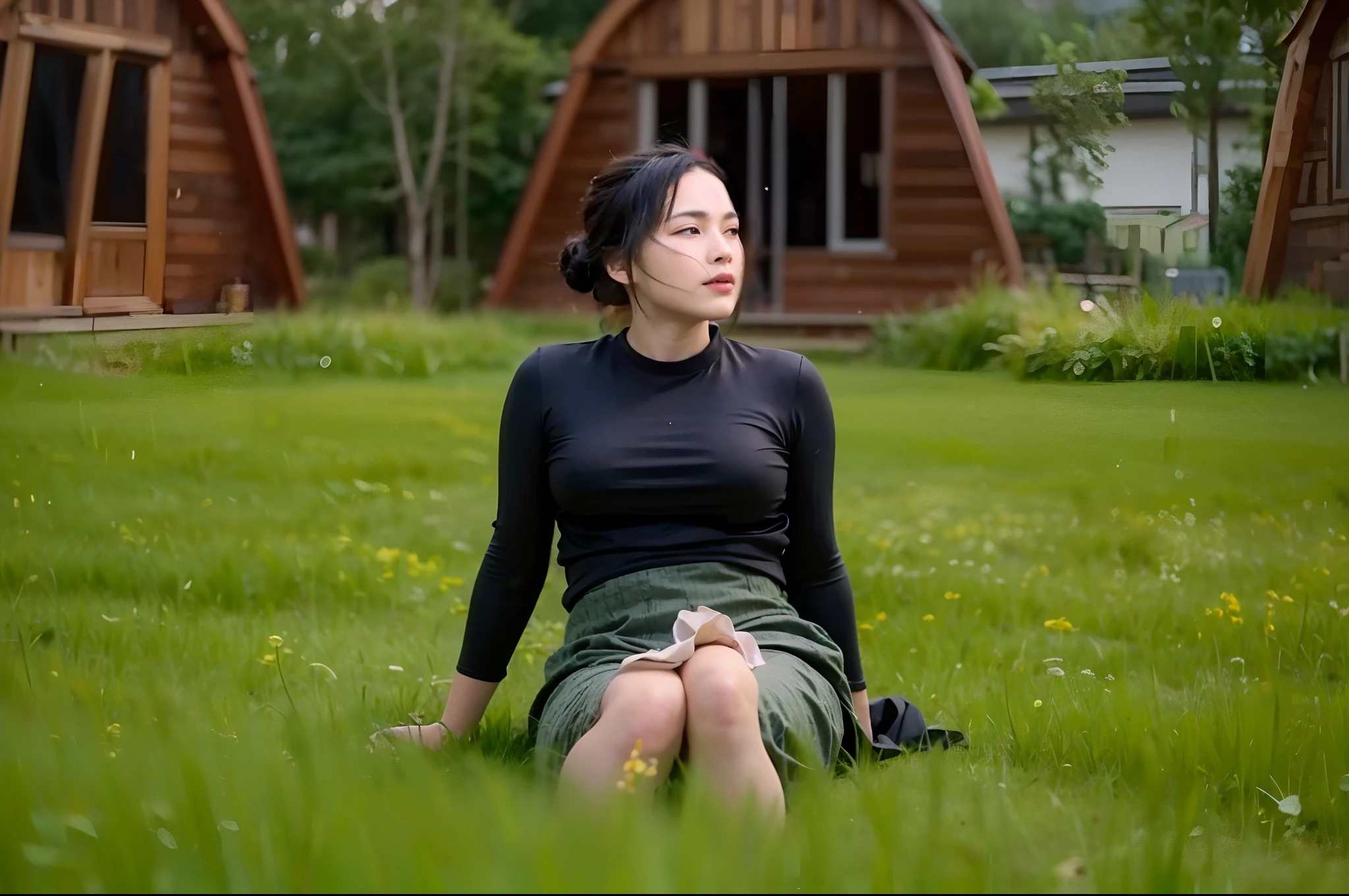 High quality image, masterpiece, detailed hair texture, detailed skin texture, detailed cloth texture, 8k, add fabric details, ultra detailed skin texture, ultra detailed photo, skin pores, portrait of a girl, huge breast, wearing black clothes, sitting on field, add cloth details, high skin details, realistic hair details