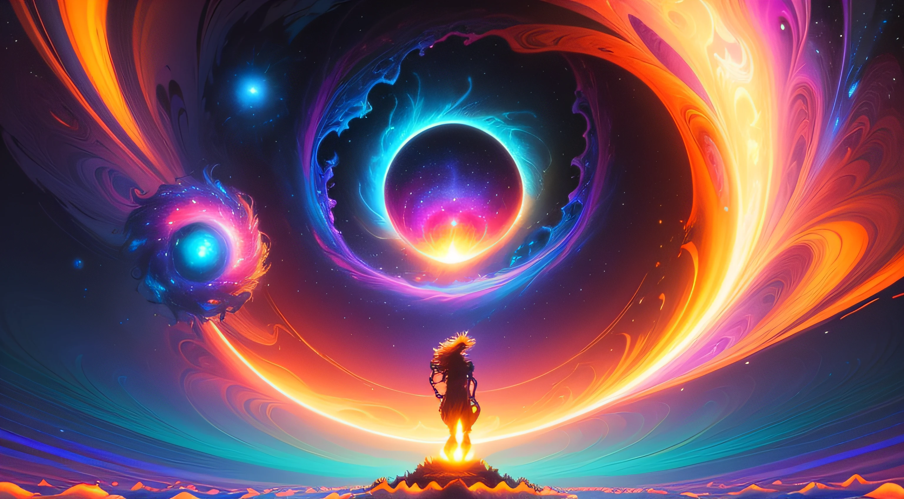 A super saiyan gorilla standing on a sun shaped object in the sky and dreaming of electric blackholes, blurry and dreamy illustration, calm night. Digital illustration, Blurred and dreamlike illustration, Amédée Ozenfant, dreamlike illustration, in astral universe)) ), colorful universe surreal ethereal, in cosmic realm, in surreal dreamy landscape, light shadows, waves, multiple layers, Foreground, vista, fractal thunder Dan Mumford, Dan Mumford and Alex Gray style, psychedelic surreal art, surreal psychedelic design, fantasy art style, illusion psychedelic art, infinite psychedelic waves , inspired by Cyril Rolando, real ripple structure, psychedelic art style, psychedelic art, psychedelic illustration -- V6, colorful neon colors.