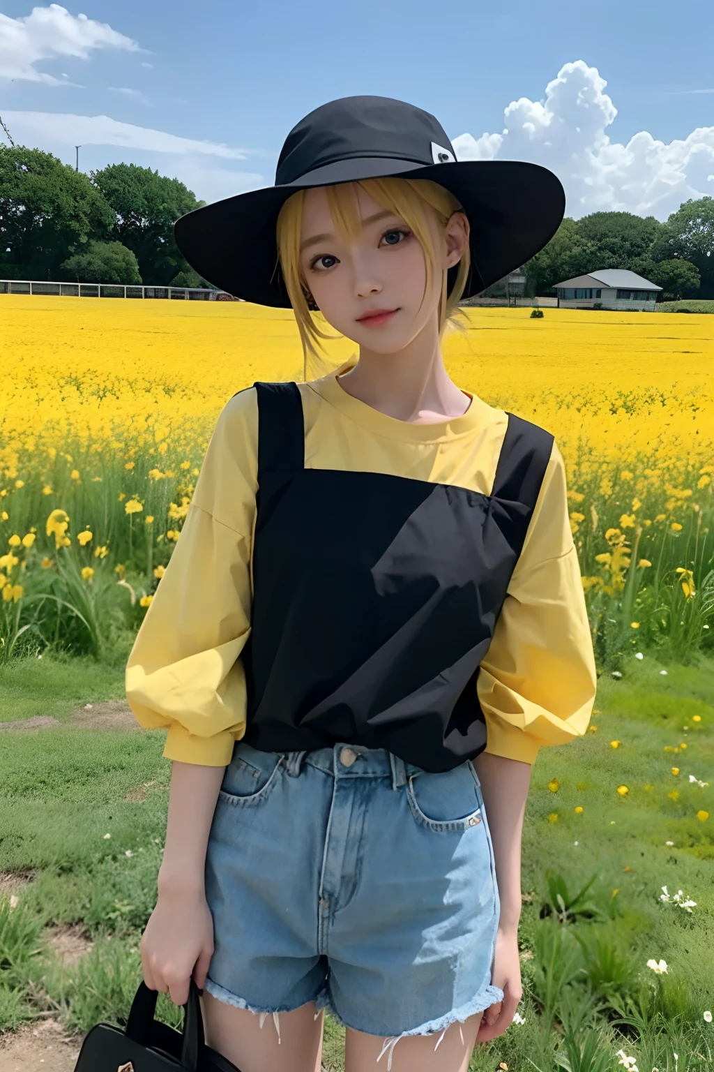 anime girl in yellow shirt and black hat standing in field, anime visual of a cute girl, anime visual of a young woman, yellow hair and blue eyes, anime style character, in anime style, style anime, aya takano color style, in an anime style, high quality anime artstyle, kagamine rin, rena nounen style 3/4, an anime girl, anime moe artstyle