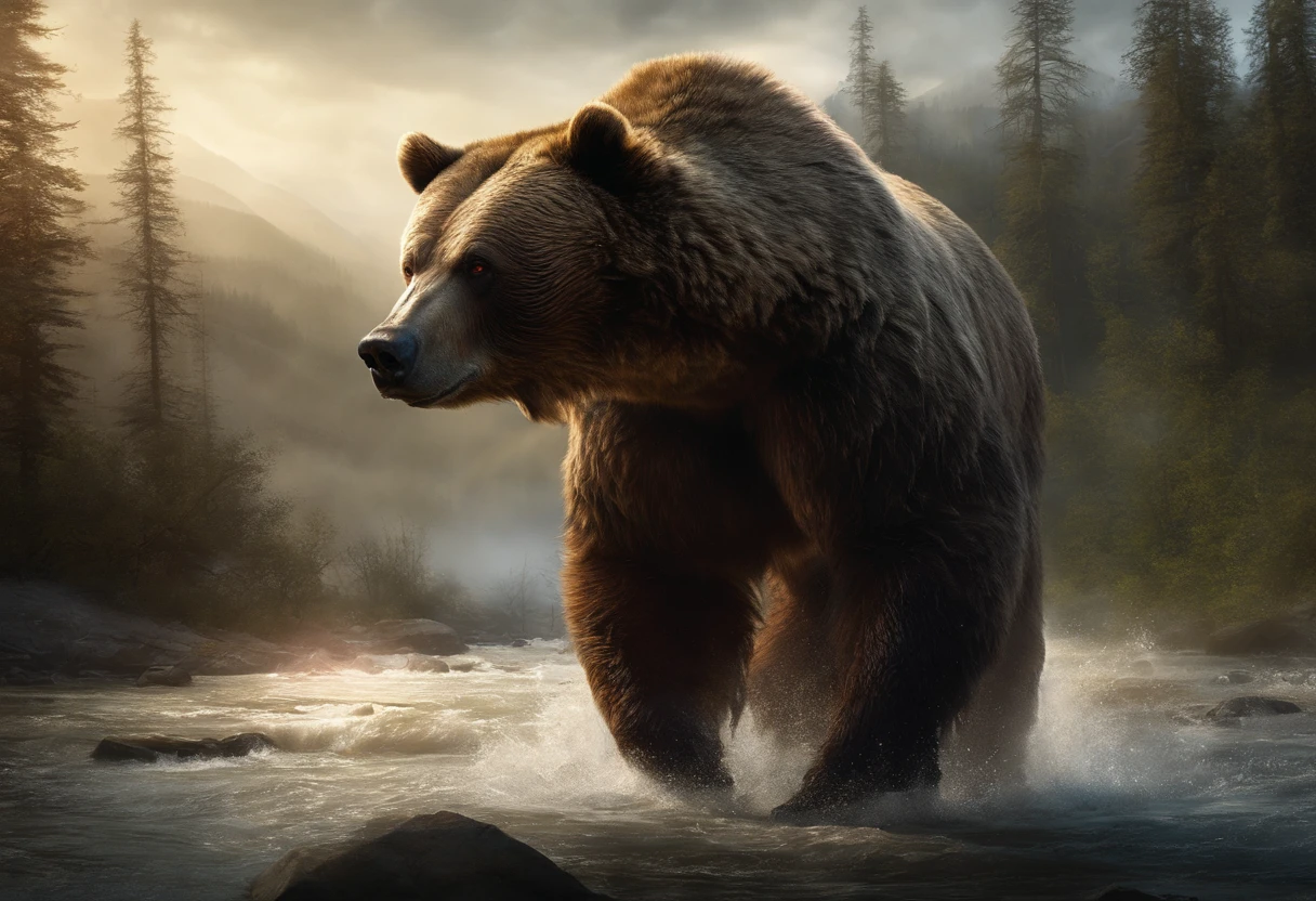 Evil Light, grizzly bear, river, glowing red eyes, malevolent glow, best quality, masterpiece