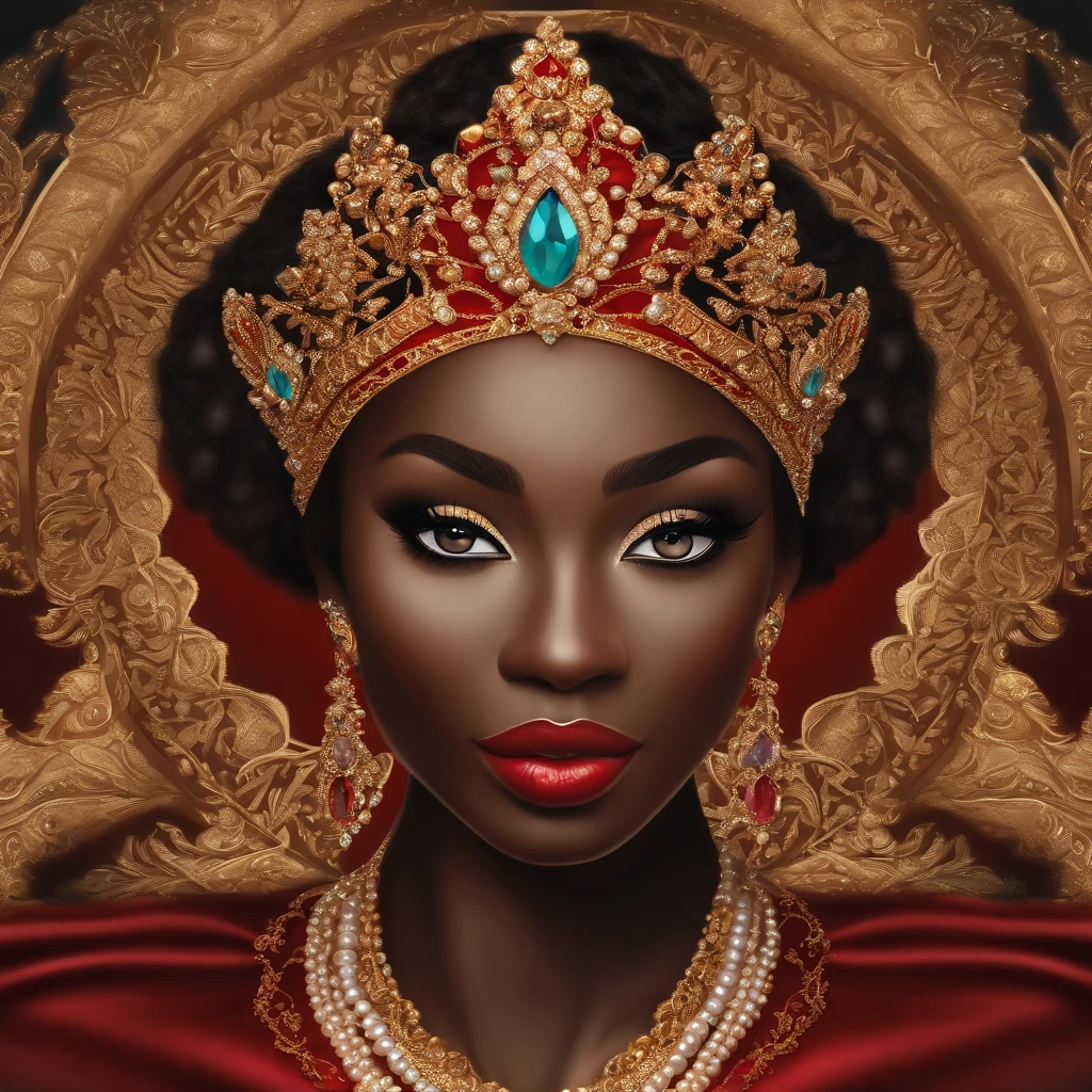 Dark skin background,Pure scenery,Golden crown+The middle is inlaid with a fancy English M+Red velvet fabric+Colored gemstone and pearl decoration,photorealistic illustration,Tattoo pattern style illustration,Bold outline style,Smooth edges, Gorgeous core, Light shadows,超高分辨率