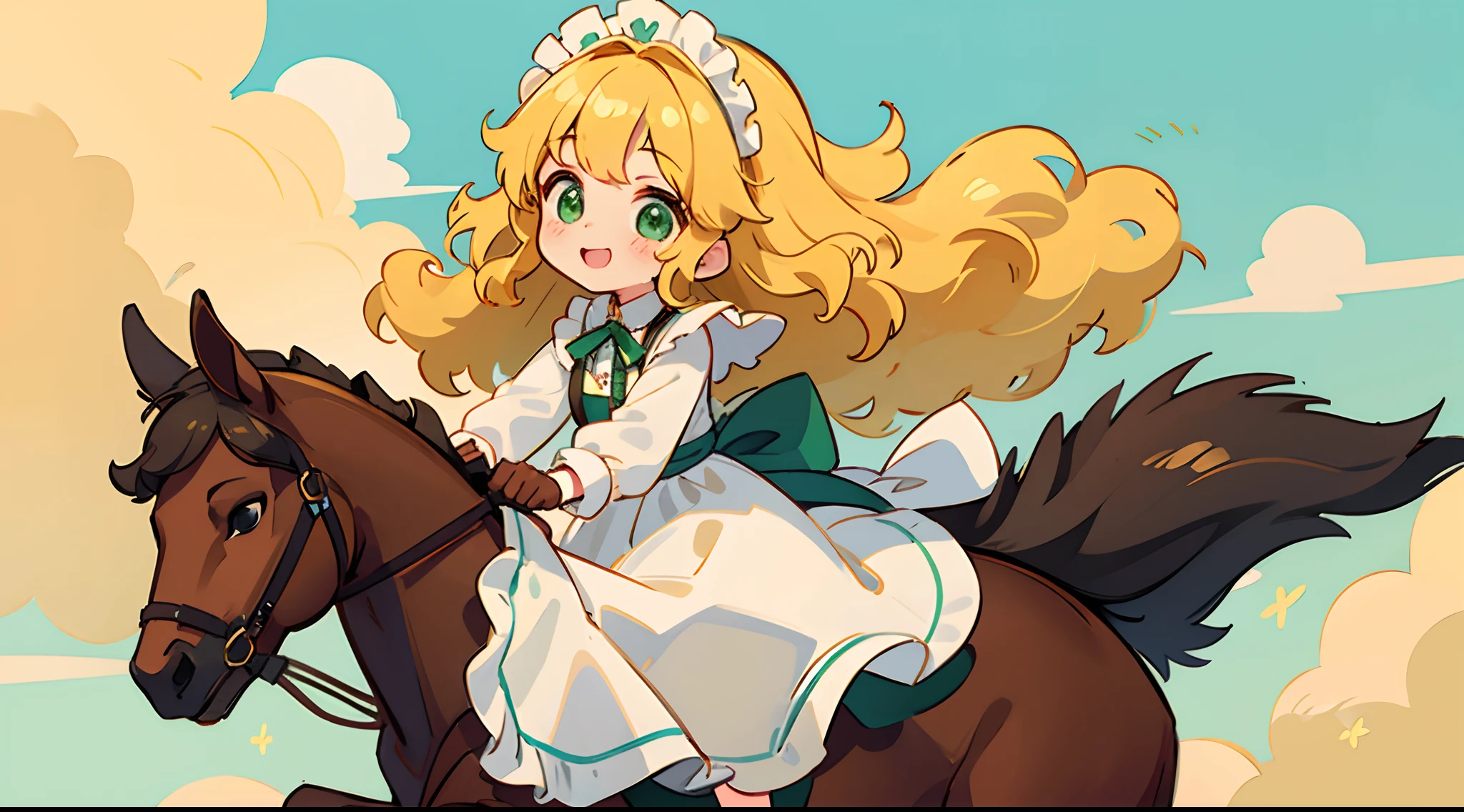 One Girl Riding Horseback、Cute girl with green eyes、Severe curly hair、Naturally curly hair、Golden hair、hitornfreckles、Housemaid style、ssmile