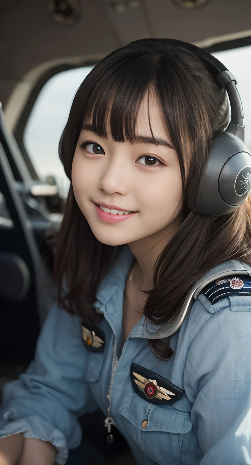 (top-quality、masterpiece:1.2)、Best Quality、realisitic、photoshot、hight resolution、1080p、8K、Textured skin、Physical Rendering、1 Japan Girls、High 、kawaii、Young Face、Rolled hair、(pilot:1.5)、Fighters、saluting、full of shyness、smil、Big