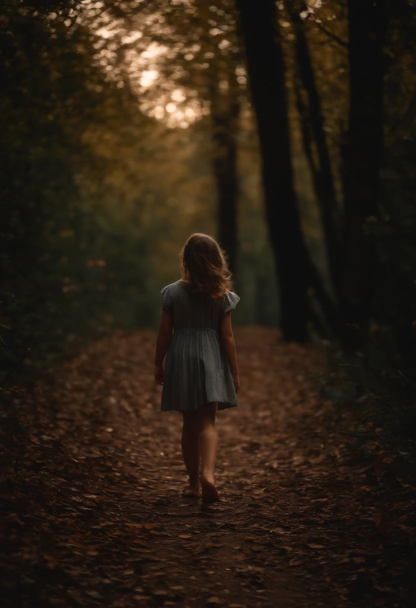 At twilight, on a path through a dense forest along a mountainside, a -yeld giwalks alone, barefoot and fully clothed, with twigs and fallen leaves scattered on the path, and a photo taken from the front as she walks towards me.