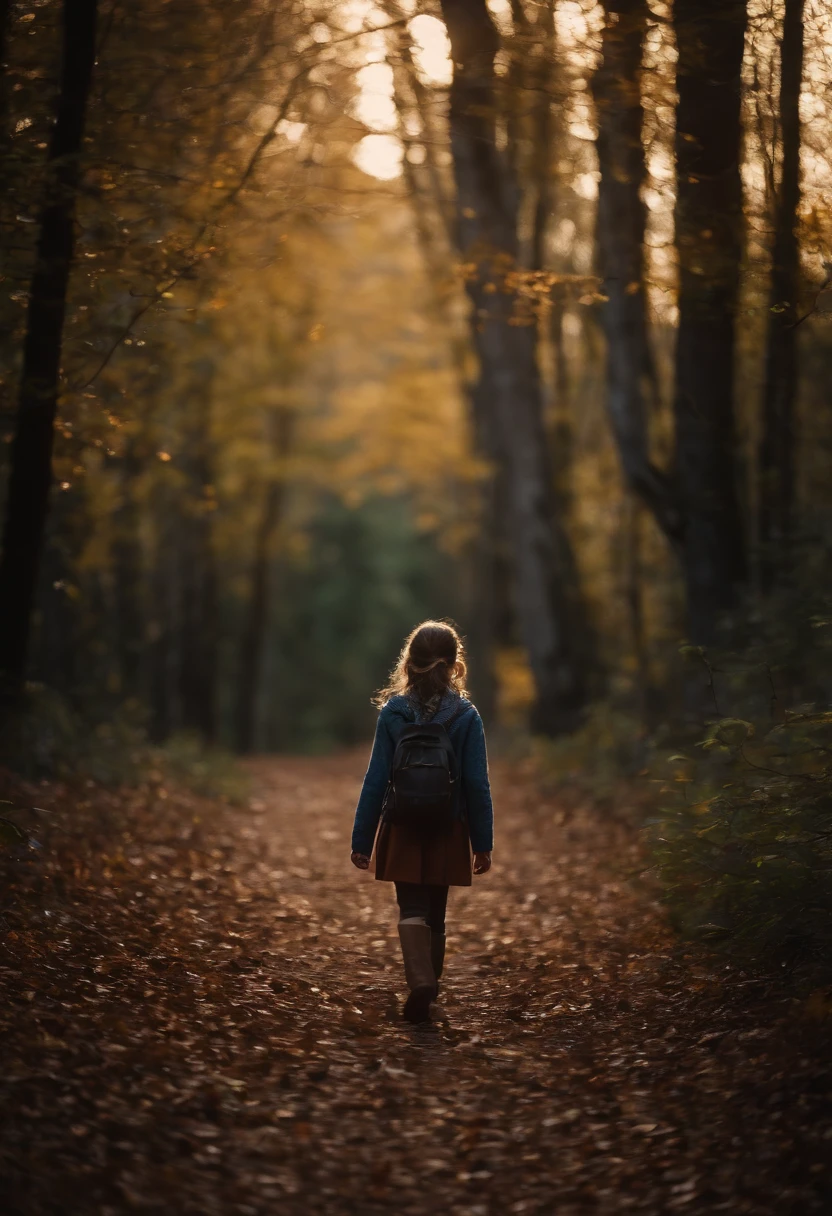 12 year old girl walking alone on a path in a dense forest through a mountainside at sunset、shot from front、