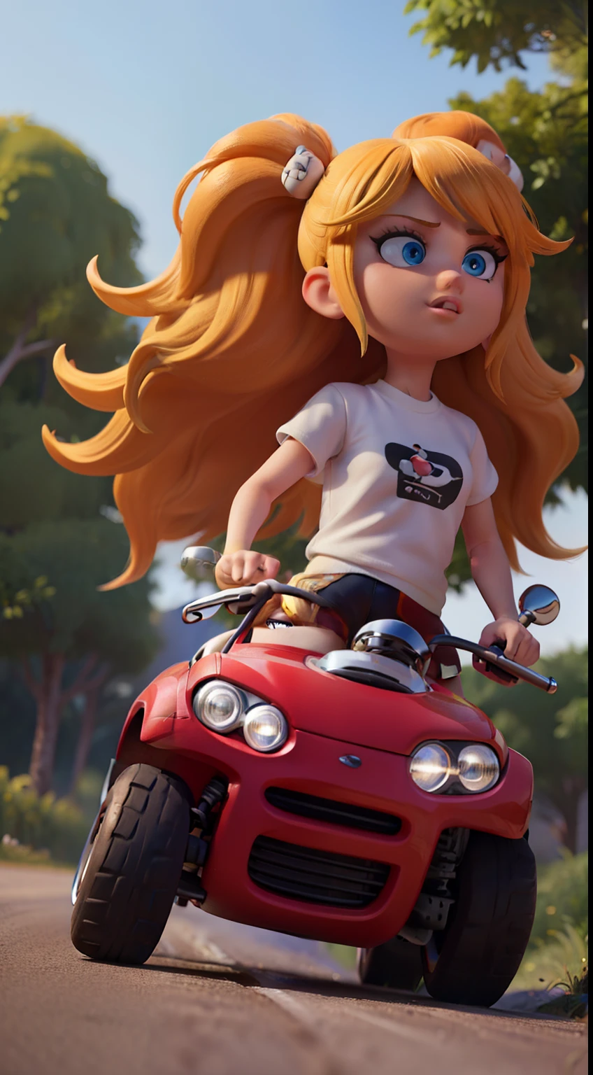 1chicas hermosa con cabello largo y blonde con ojos azul, con ropa deportiva tipo de carreas arriba de un automovil blanco con negro estilo cartoon color morado con toques rosas y de fondo en una autopista estilo cartoon muy similar a CTR de crash team racing, con un toque muy disney, autos de carreras, arriba de un auto, fondo en un bosque con carretera, auto color negro con rojo