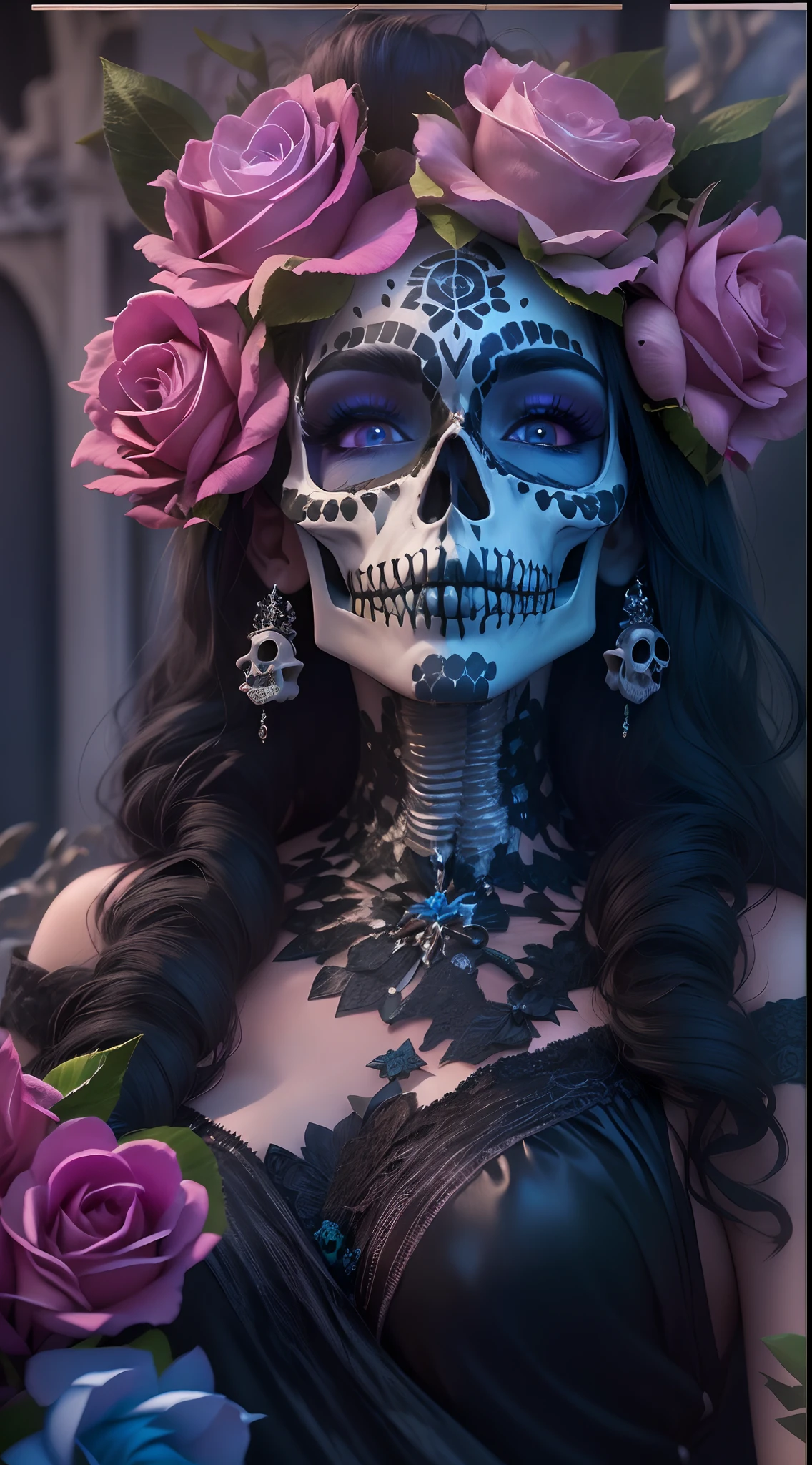 motor irreal:1.4,UHD,La mejor calidad:1.4, fotorrealista:1.4, textura de la piel:1.4, obra maestra:1.8,Beautiful Woman with Pink Day Sugar Skull Death Makeup, lindo,Day of the Dead Mexico,(Skull Cemetery Fund:1.4),( detailed:1.4),( cabello largo azul:1.4),(manos:1.5),(vestido corto negro:1.4), (corona de rosas:1.4),catrina:1.4,8k, 。...............................3D, realista, Ultra Micro Photography, of the highest quality, Super detalle CG Unity 8k,Cara perfecta