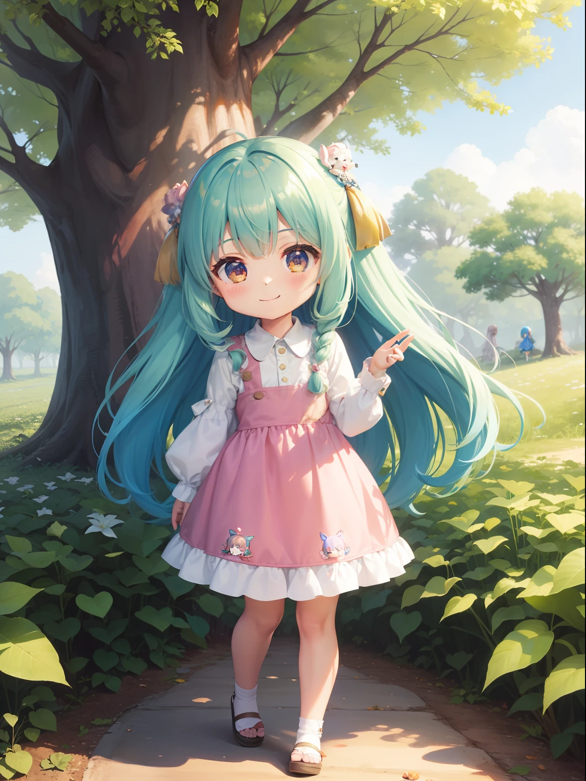 Chibichara　Picking chestnuts in a chestnut grove　long hair with blue hair((Chibi Chara))、A charming smile、Fluffy、girl with、Chibi Chara、Friends of the Forest、full body Esbian、Pastel colors hair、masutepiece、top-quality、