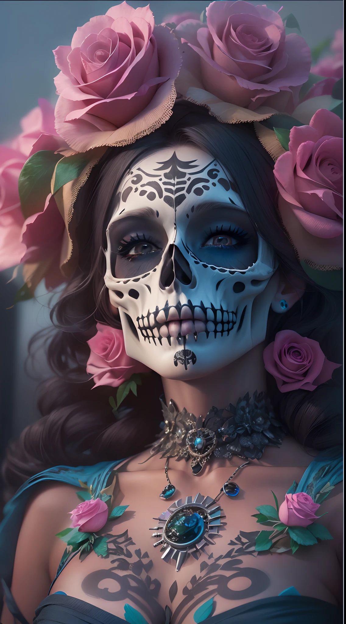 motor irreal:1.4,UHD,La mejor calidad:1.4, fotorrealista:1.4, textura de la piel:1.4, obra maestra:1.8,Beautiful Woman with Pink Day Sugar Skull Death Makeup, lindo,Day of the Dead Mexico,(Skull Cemetery Fund:1.4),( detailed:1.4),( cabello largo azul:1.4),(manos:1.5),(vestido corto negro:1.4), (corona de rosas:1.4),catrina:1.4,8k, 。...............................3D, realista, Ultra Micro Photography, of the highest quality, Super detalle CG Unity 8k,Cara perfecta