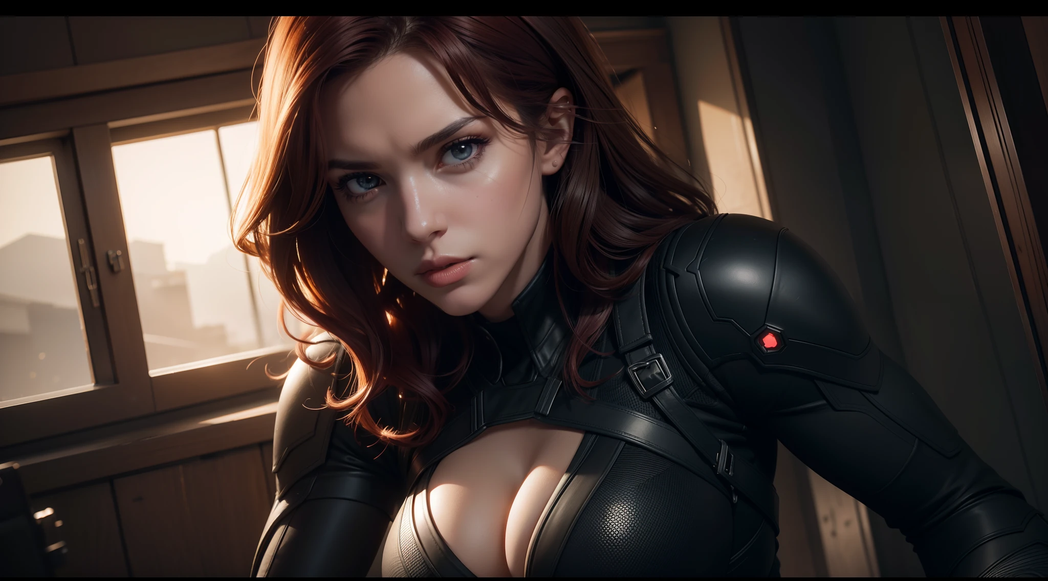 Sexy Black Widow (tetas grandes) от Marvel Comics, CGI with clear focus, Photorealistic, high detail, Realistic, Masterpiece, absurdress, Best Quality, HDR, hiquality, hight resolution, Extremely detailed, 8k wallpaper, intricate details, 8K UHD, Full-HD, (foto realista:1.2), Contrast, sharp lighting, Cinematic lighting, natural lighting, hard light, Backlighting, Global Illumination, Environment Occlusion