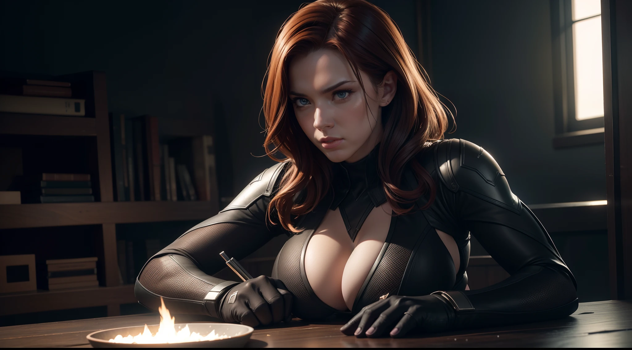 Sexy Black Widow (tetas grandes) от Marvel Comics, CGI with clear focus, Photorealistic, high detail, Realistic, Masterpiece, absurdress, Best Quality, HDR, hiquality, hight resolution, Extremely detailed, 8k wallpaper, intricate details, 8K UHD, Full-HD, (foto realista:1.2), Contrast, sharp lighting, Cinematic lighting, natural lighting, hard light, Backlighting, Global Illumination, Environment Occlusion