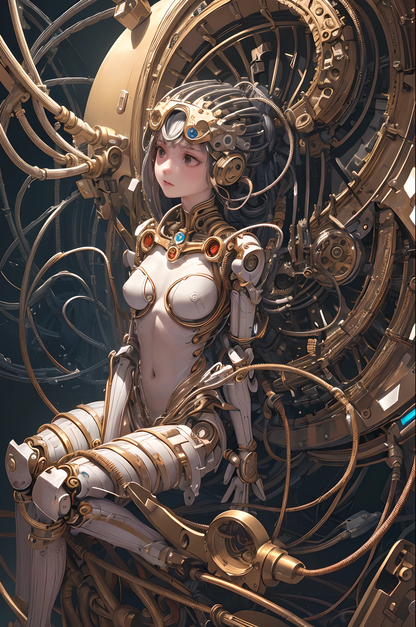 (((masterpiece))), (((best quality))), ((ultra-detailed)), (highly detailed CG illustration), ((an extremely delicate and beautiful)),(cute delicate face),cinematic light,((1mechanical girl)),solo,full body,(machine made joints:1.4),((machanical limbs)),(blood vessels connected to tubes),((mechanical vertebra attaching to back)),((mechanical cervial attaching to neck)),((sitting)),expressionless,(wires and cables attaching to head and body:1.5),(character focus),science fiction