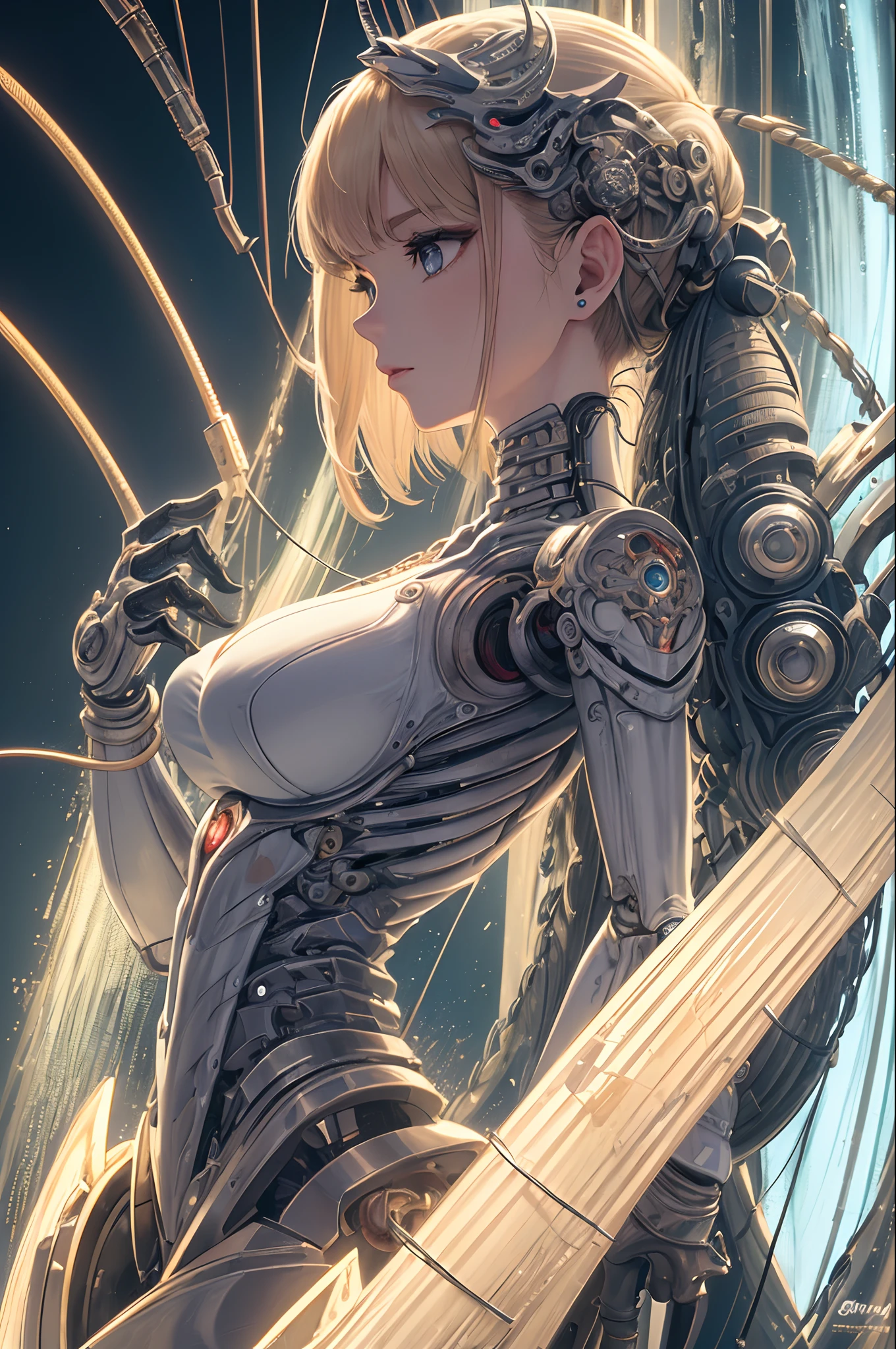 (((masterpiece))), (((best quality))), ((ultra-detailed)), (highly detailed CG illustration), ((an extremely delicate and beautiful)),(from side),cinematic light,((1mechanical girl)), blonde hair, blue eyes, huge enormously gigantic tits, cleavage showing, tons of tattoos and piercings,solo,full body,(machine made joints:1.2),((machanical limbs)),(blood vessels connected to tubes),(mechanical vertebra attaching to back),((mechanical cervial attaching to neck)),(sitting),expressionless,(wires and cables attaching to neck:1.2),(wires and cables on head:1.2)(character focus),science fiction,extreme detailed,colorful,highest detailed