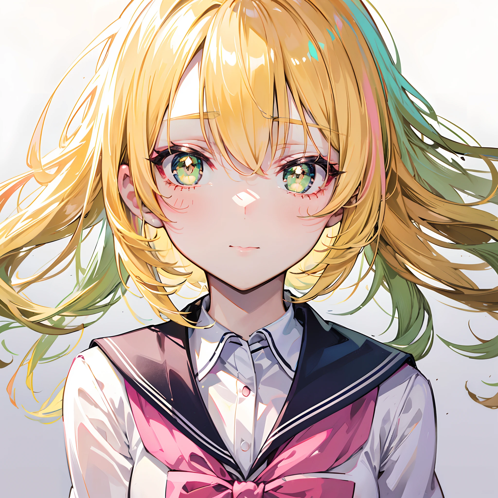 Glowing pale greenish-yellow hair and delicate pink pupils,Glossy,School uniforms in pink, yellow and white,Glowing,Sweet sweet girl girl,The whole is shining,It looks very gentle,The face is moist,Very delicate beauty