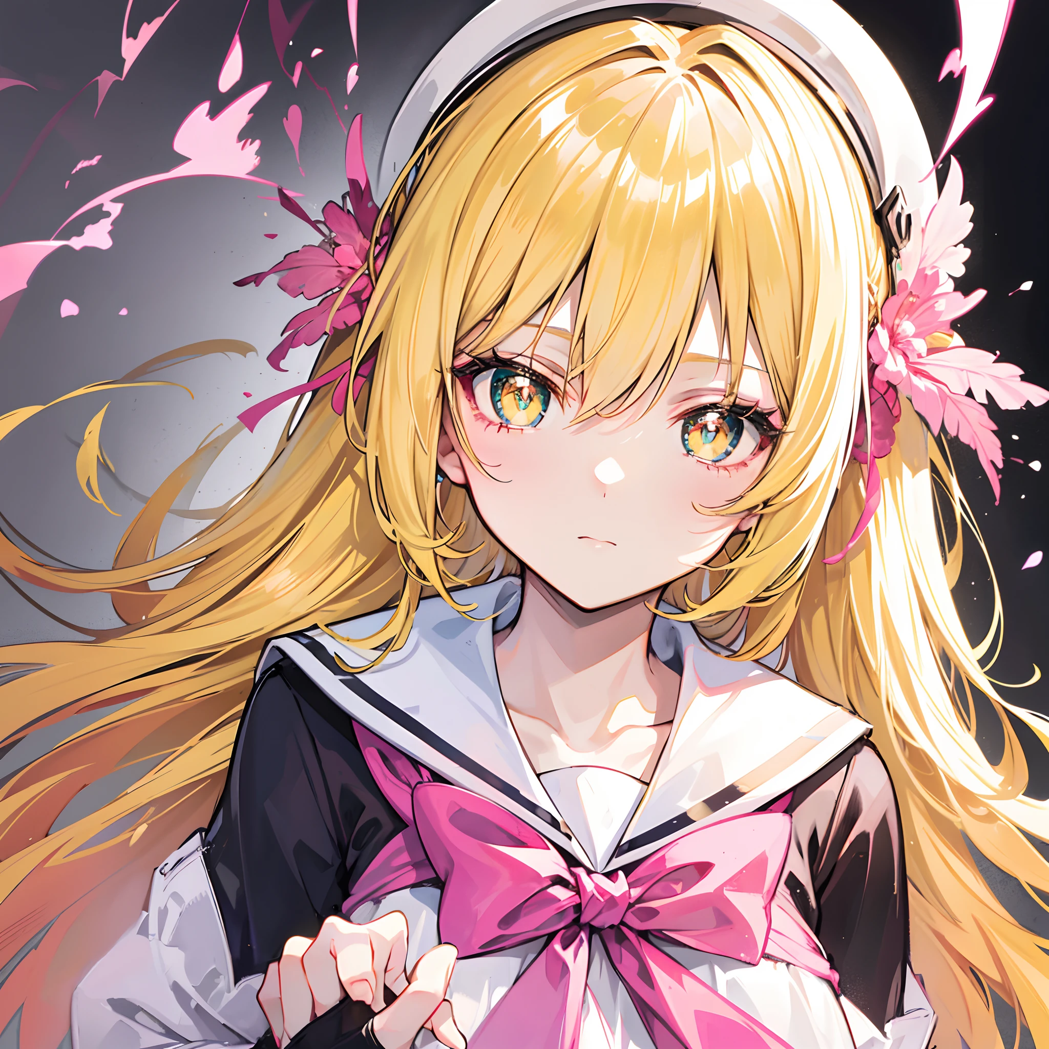 Glowing pale greenish-yellow hair and delicate pink pupils,Glossy,School uniforms in pink, yellow and white,Glowing,Sweet sweet girl girl,The whole is shining,It looks very gentle,The face is moist,Very delicate beauty