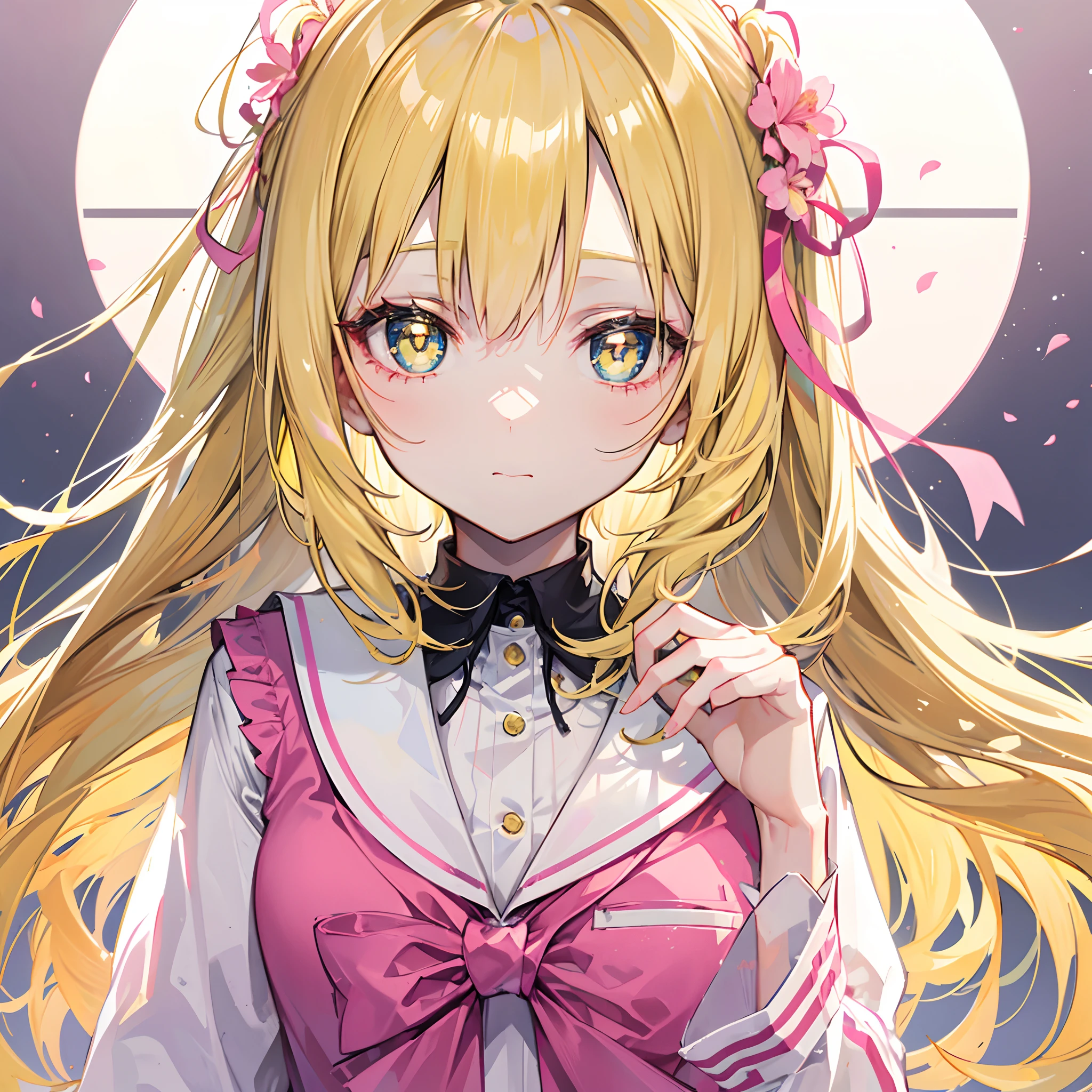 Glowing pale greenish-yellow hair and delicate pink pupils,Glossy,School uniforms in pink, yellow and white,Glowing,Sweet sweet girl girl,The whole is shining,It looks very gentle,The face is moist,Very delicate beauty